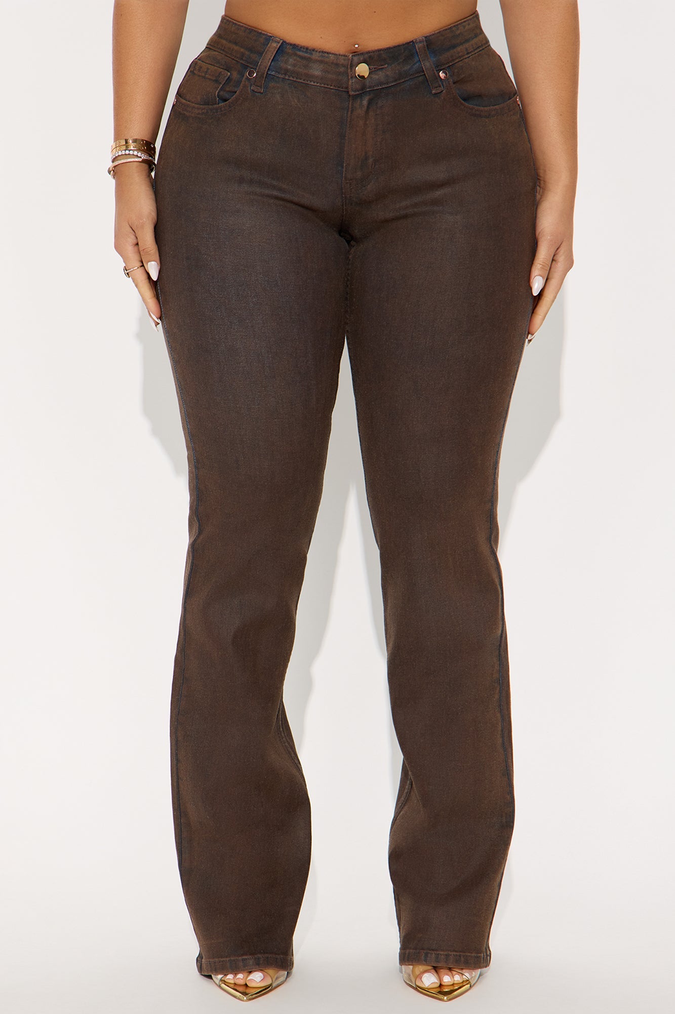 Classic Coated Low Rise Bootcut Jeans - Brown