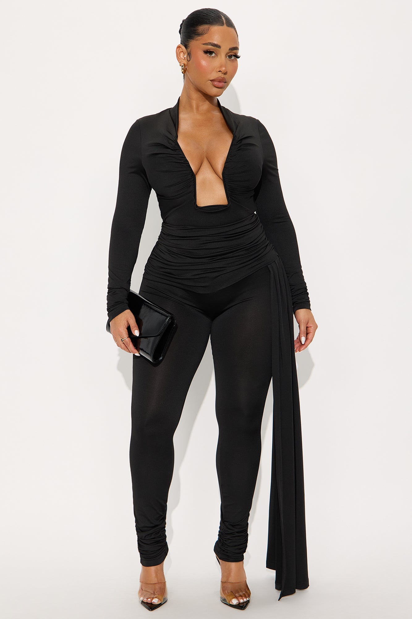 Viktoria Plunge Neck Pant Set - Black