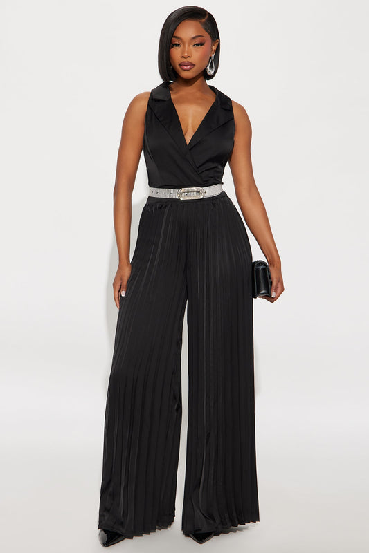 Glam Intentions Satin Belted Jumpsuit - Black