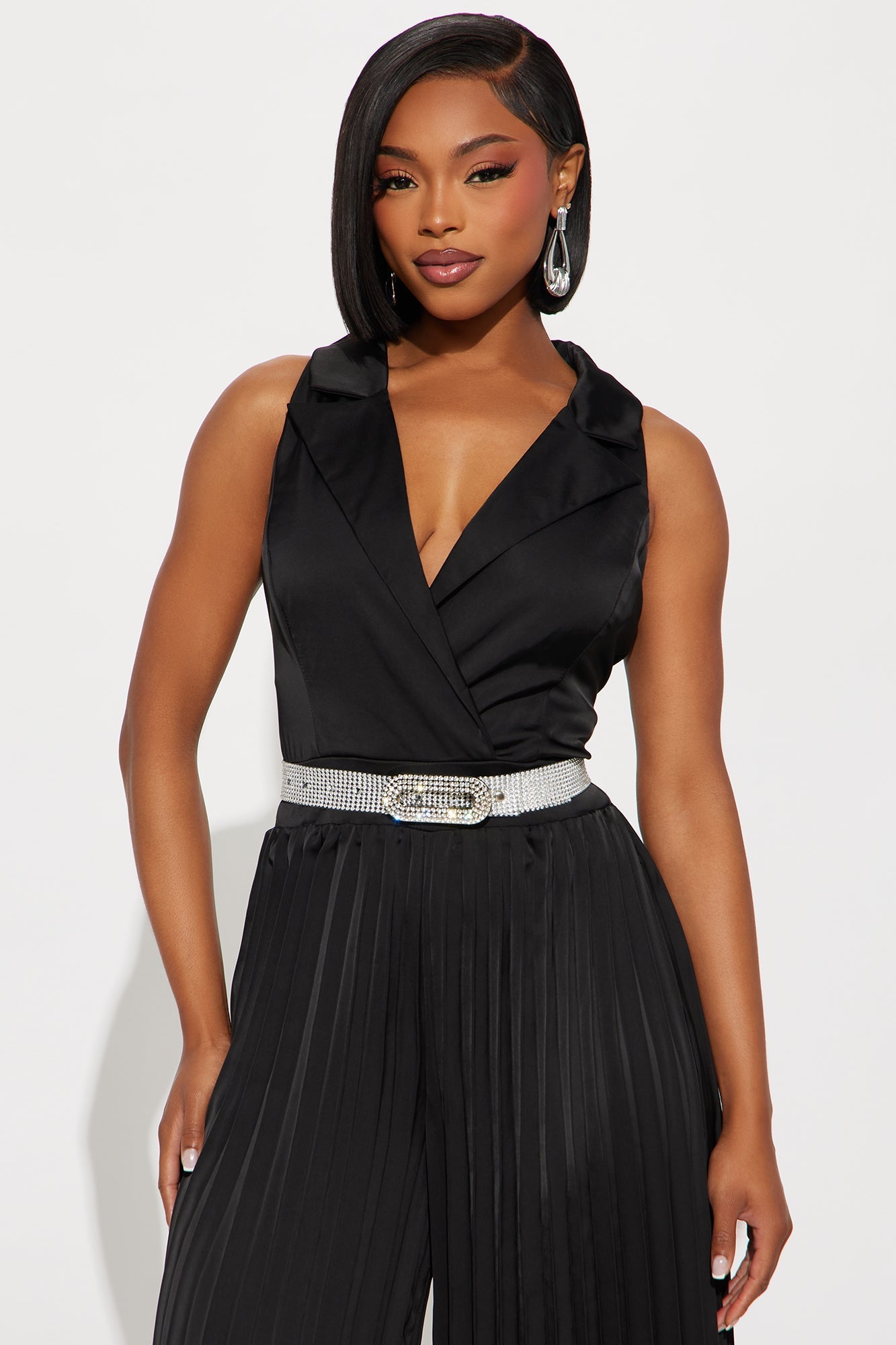 Glam Intentions Satin Belted Jumpsuit - Black