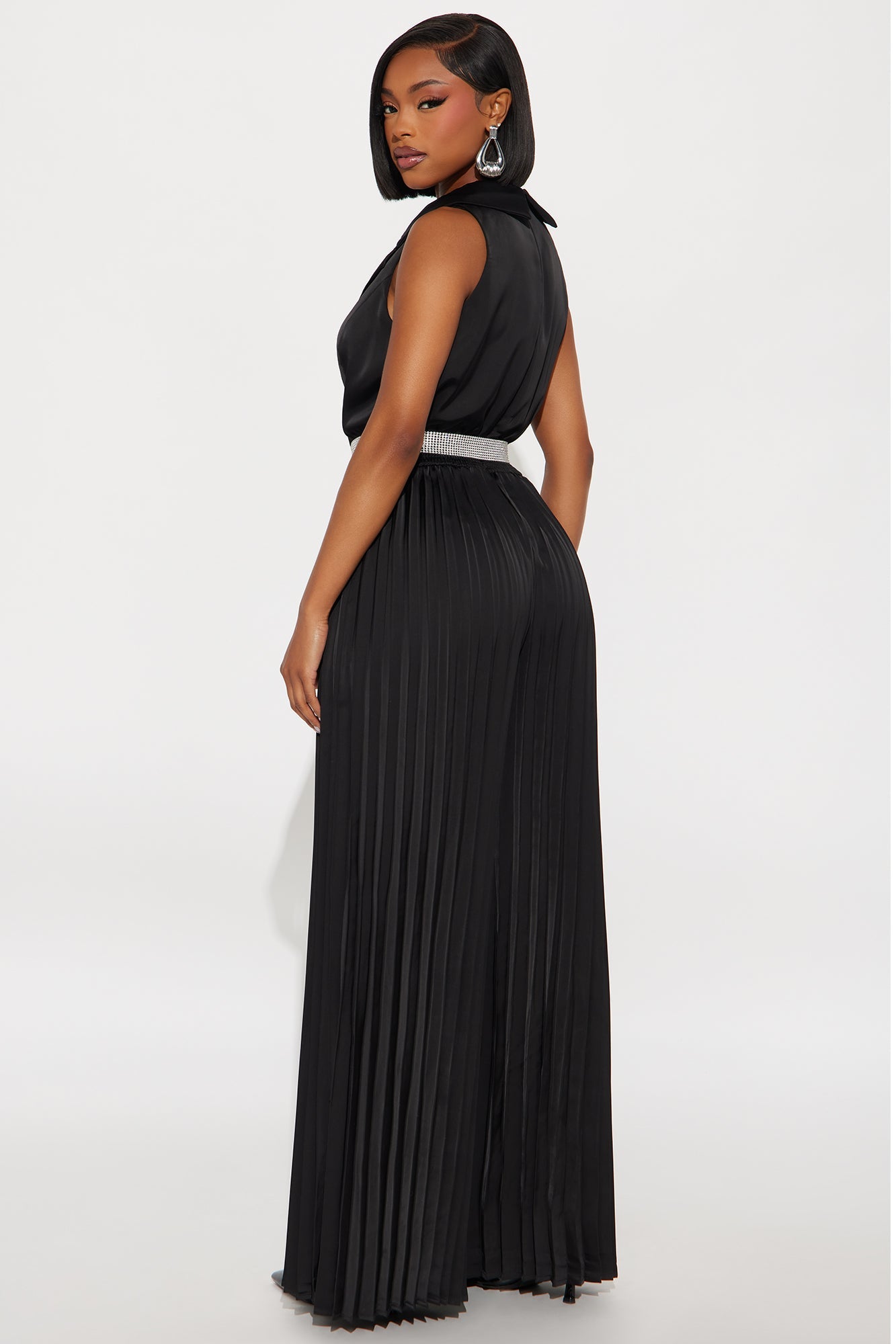 Glam Intentions Satin Belted Jumpsuit - Black