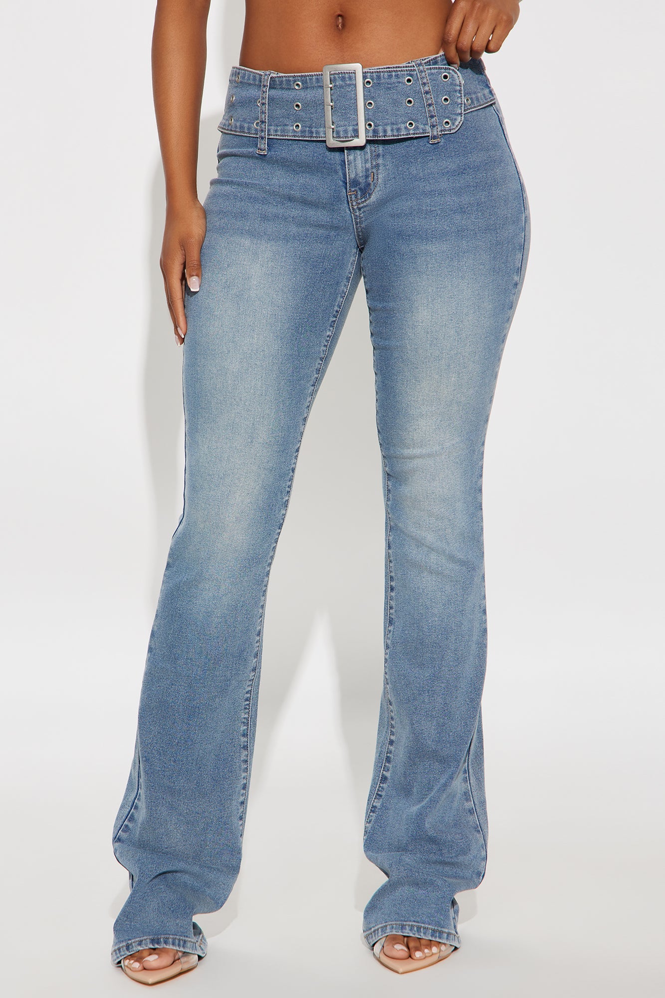 Brittany Belted Low Rise Bootcut Jeans - Medium Wash
