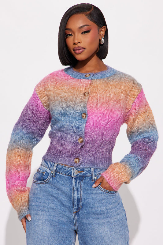 Blush Fade Babe Ombre Long Sleeve Crew Neck Cardigan Sweater - Multi Color