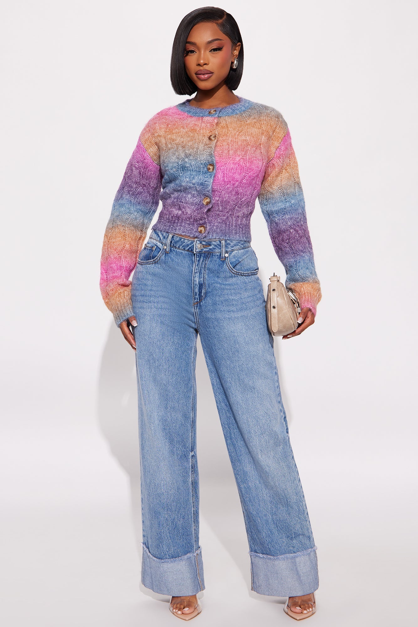 Blush Fade Babe Ombre Long Sleeve Crew Neck Cardigan Sweater - Multi Color