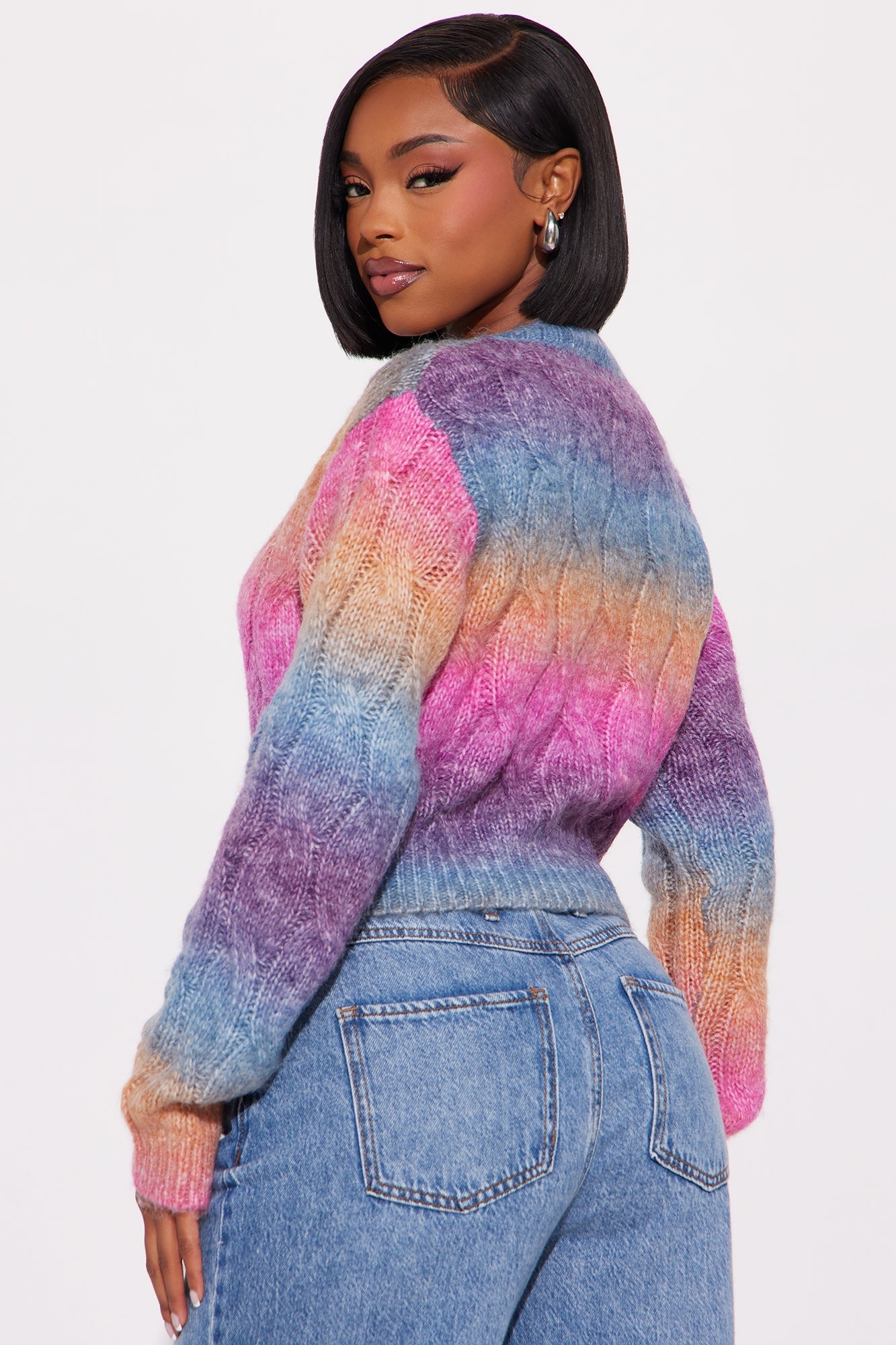Blush Fade Babe Ombre Long Sleeve Crew Neck Cardigan Sweater - Multi Color
