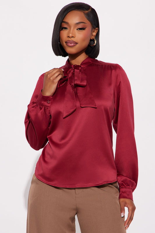 True Connections Neck Tie Satin Top - Burgundy