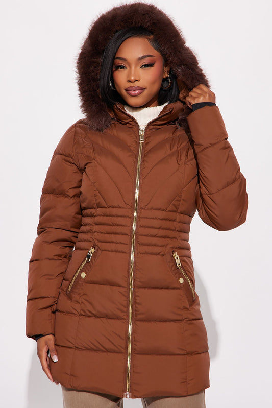 Dakota Long Puffer Jacket - Brown