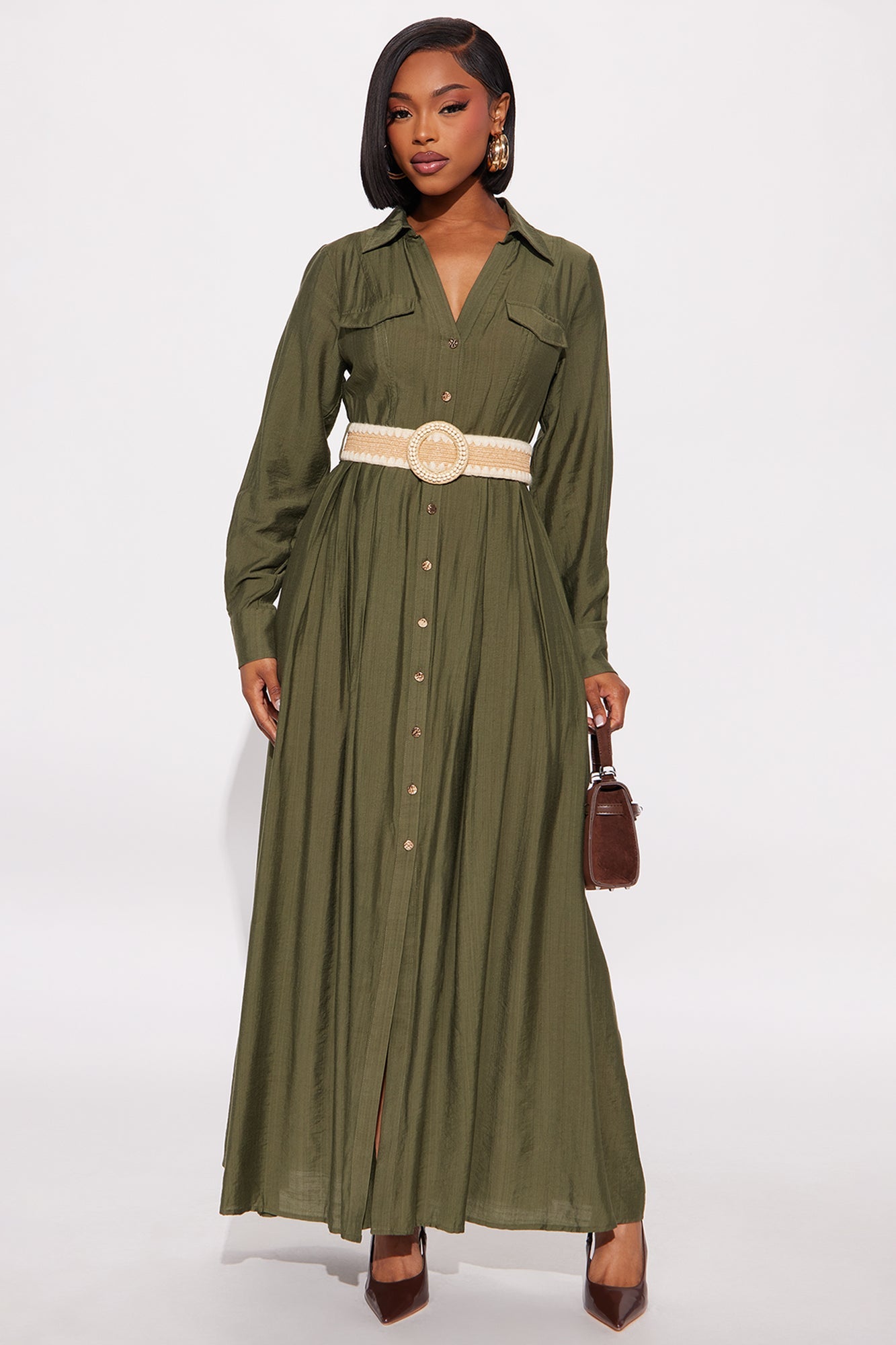 Laurel Linen Long Sleeve Maxi Shirt Dress - Olive