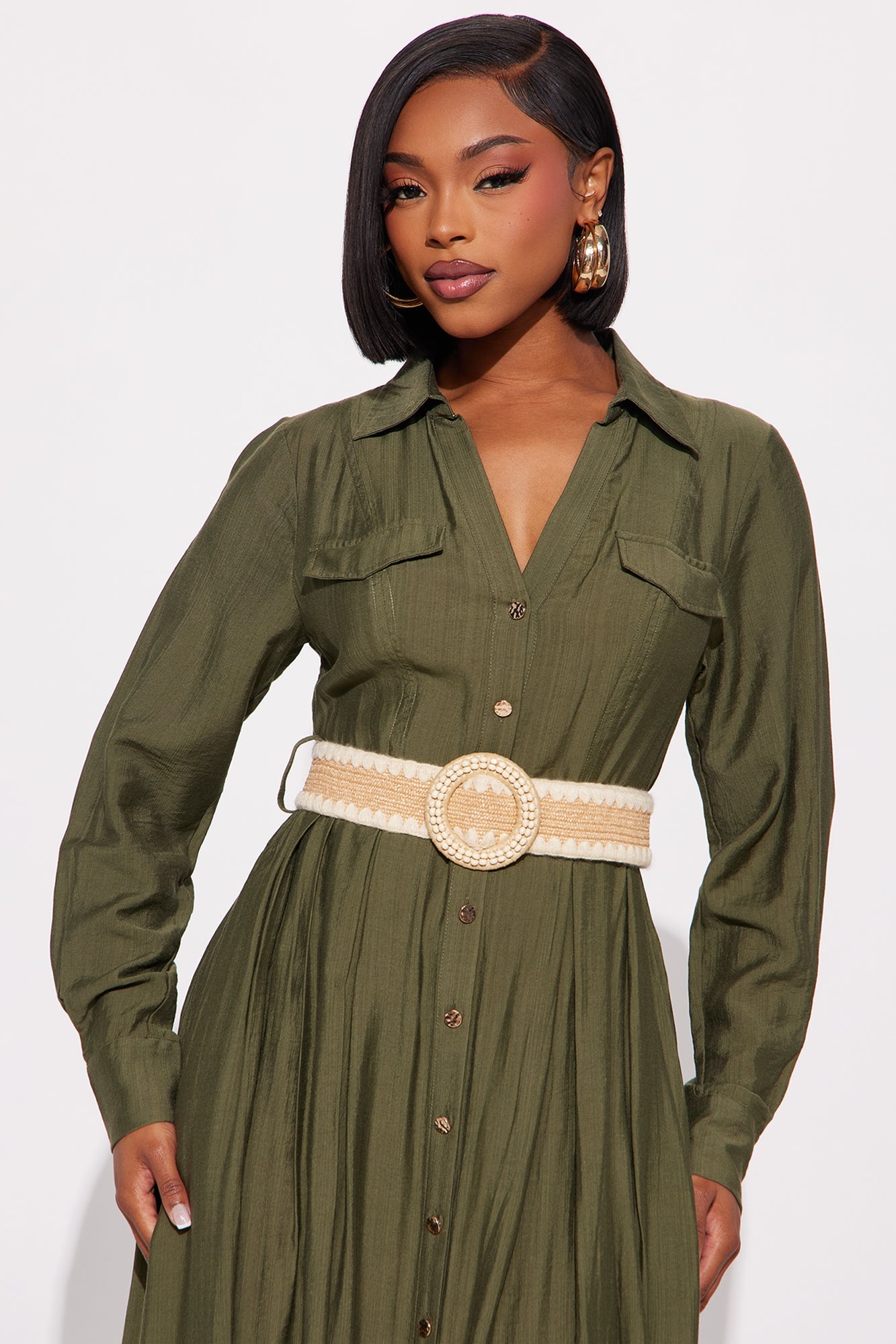 Laurel Linen Long Sleeve Maxi Shirt Dress - Olive