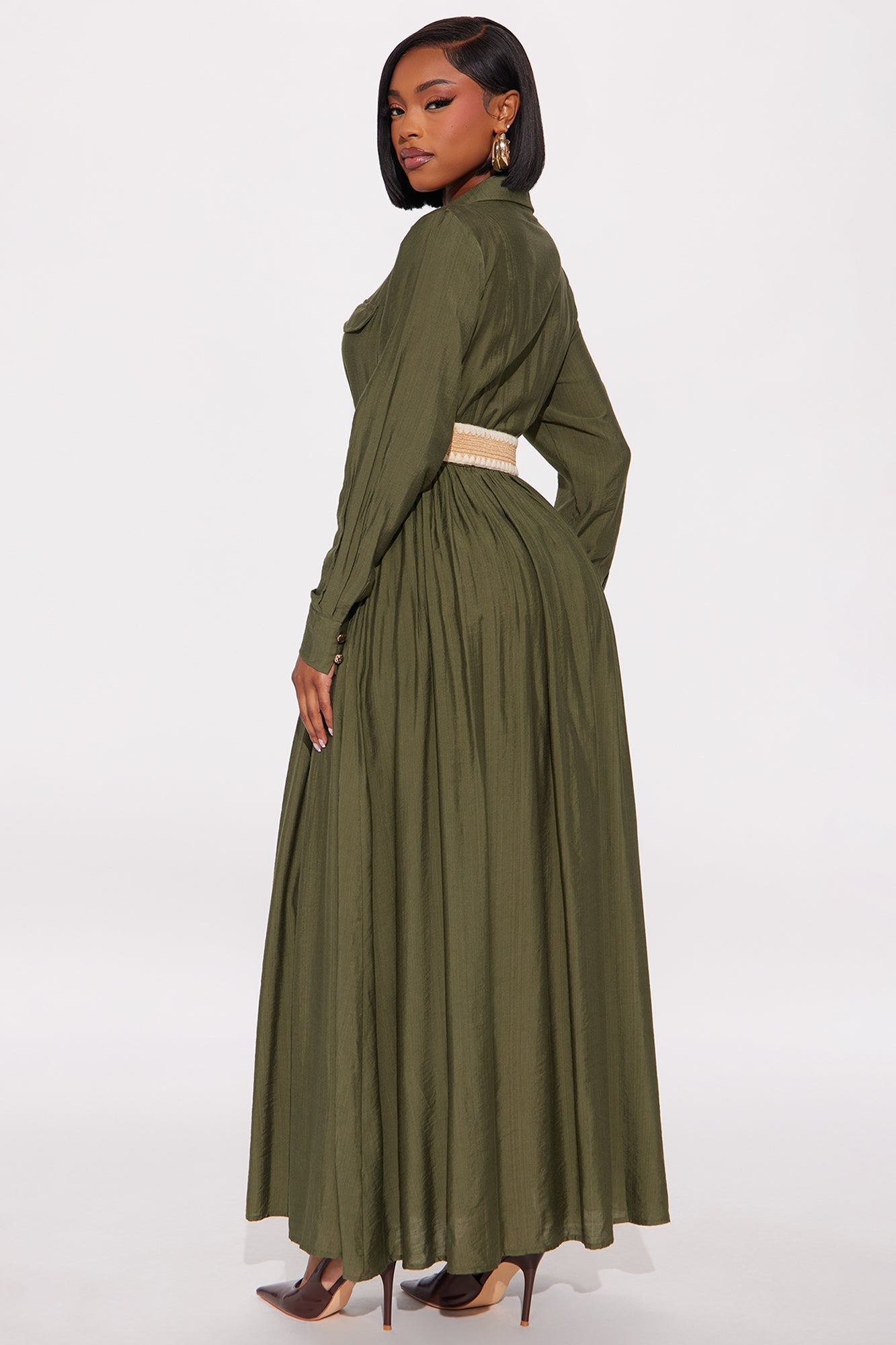 Laurel Linen Long Sleeve Maxi Shirt Dress - Olive