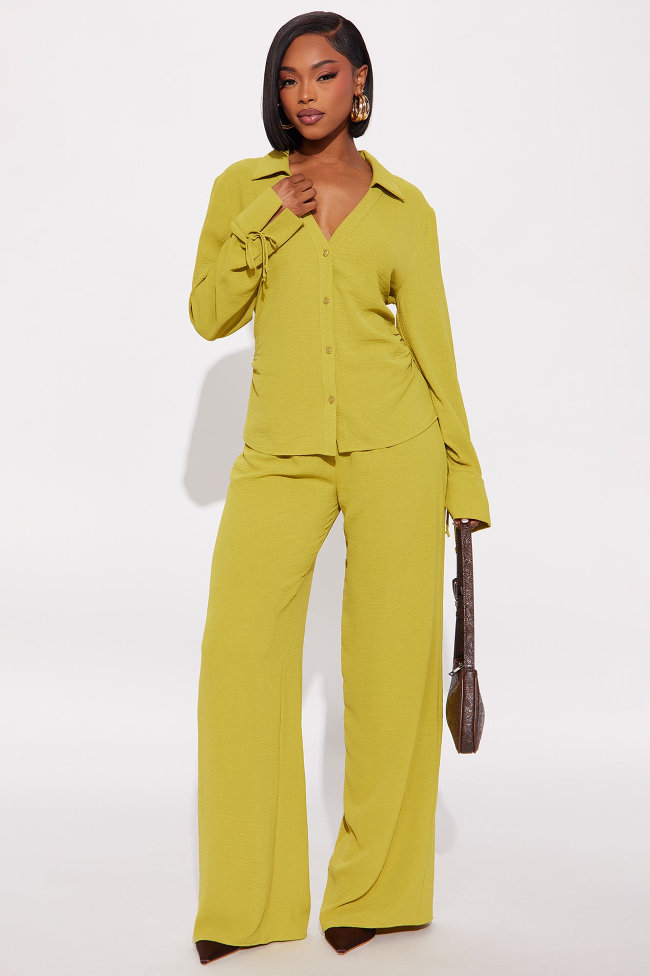Gemma Ruched Sides Pant Set - Chartreuse