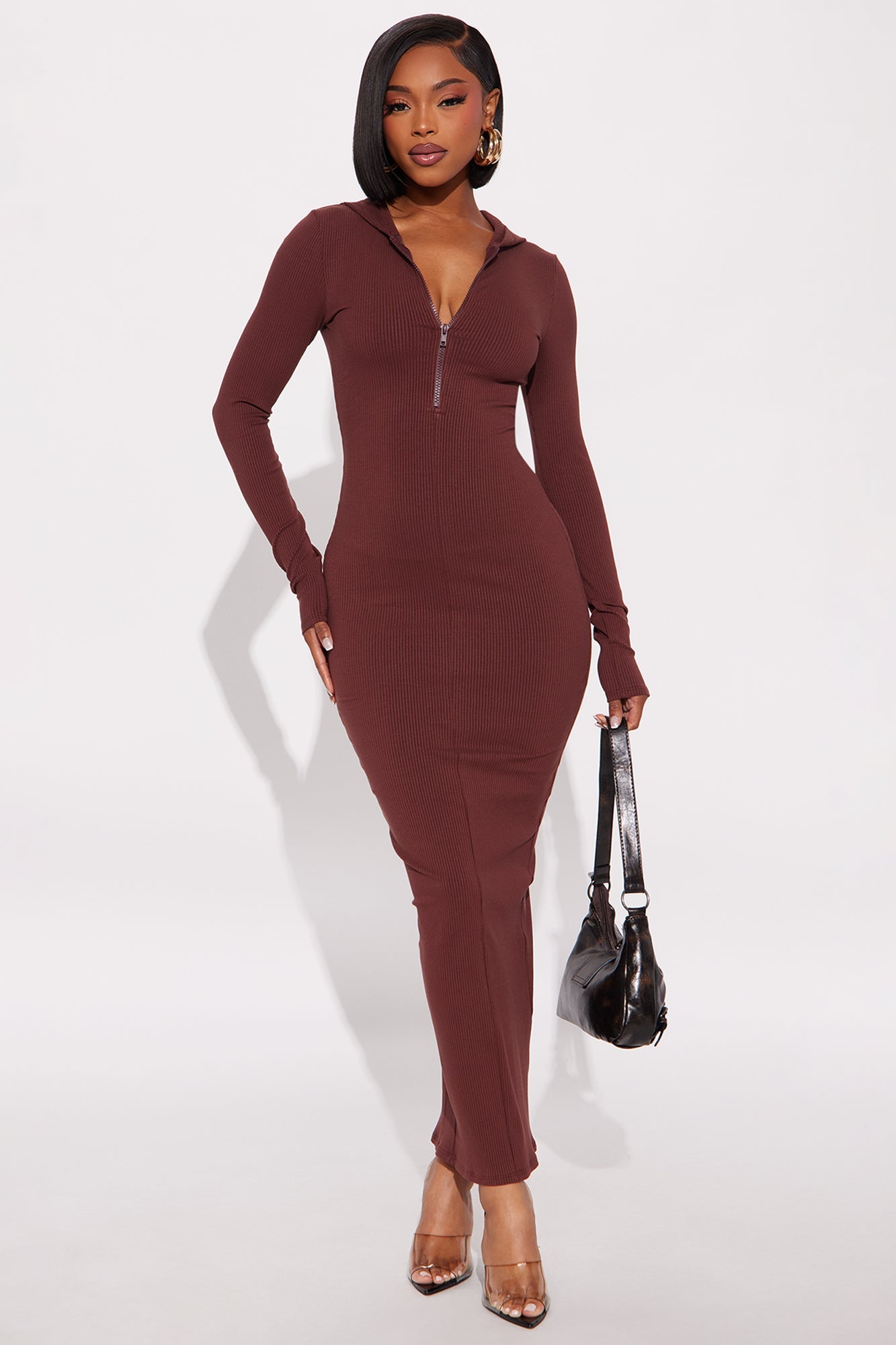 Lila Hooded Snatched Maxi Dress - Brown