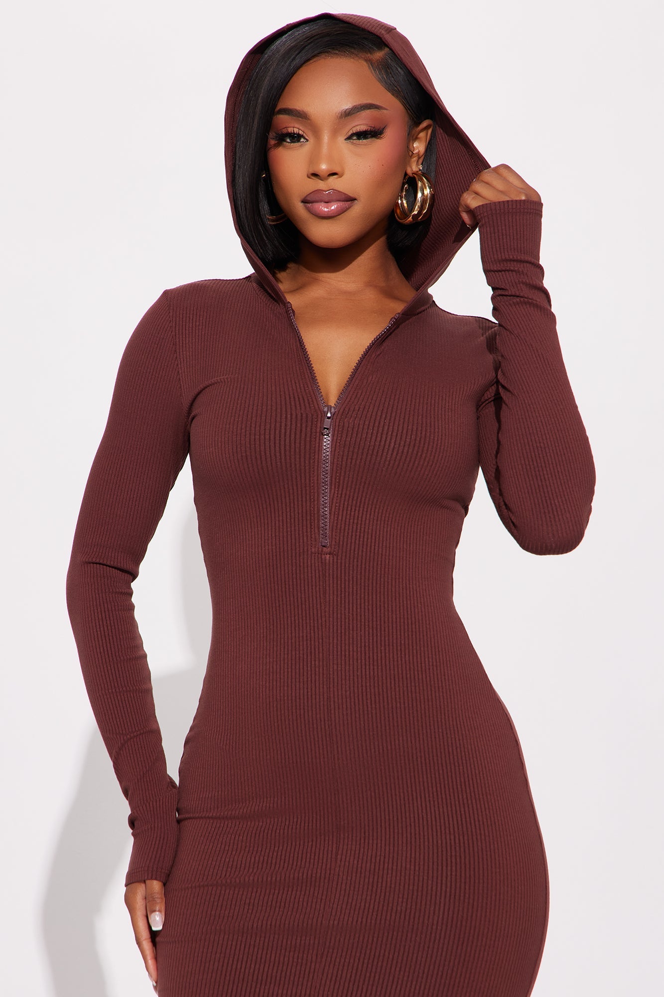 Lila Hooded Snatched Maxi Dress - Brown