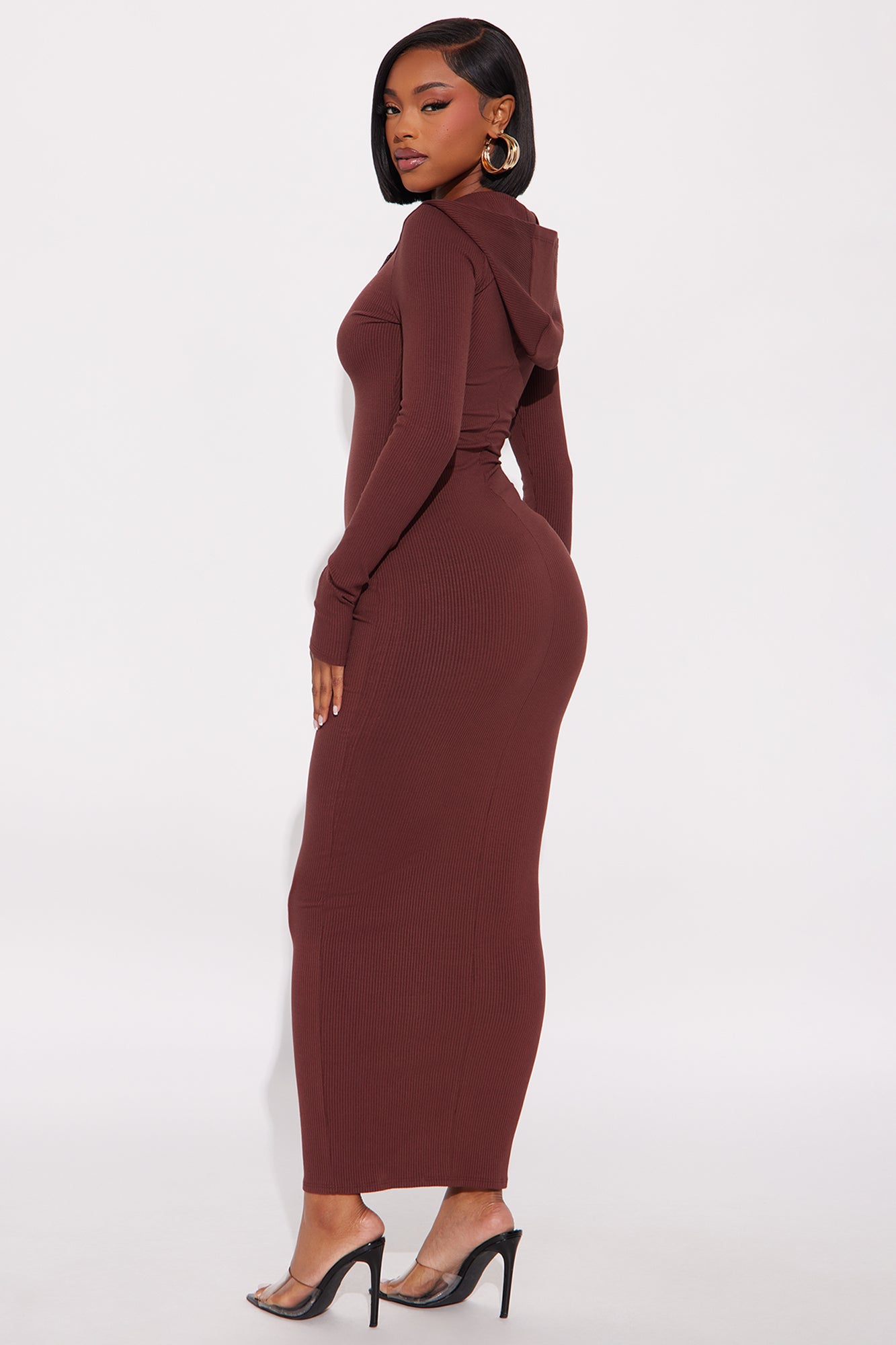 Lila Hooded Snatched Maxi Dress - Brown
