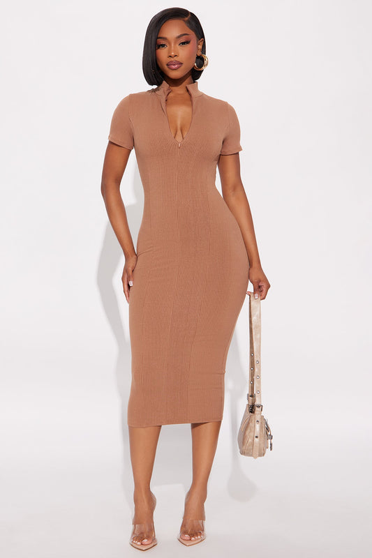 Mia Zip Snatched Midi Dress - Nude