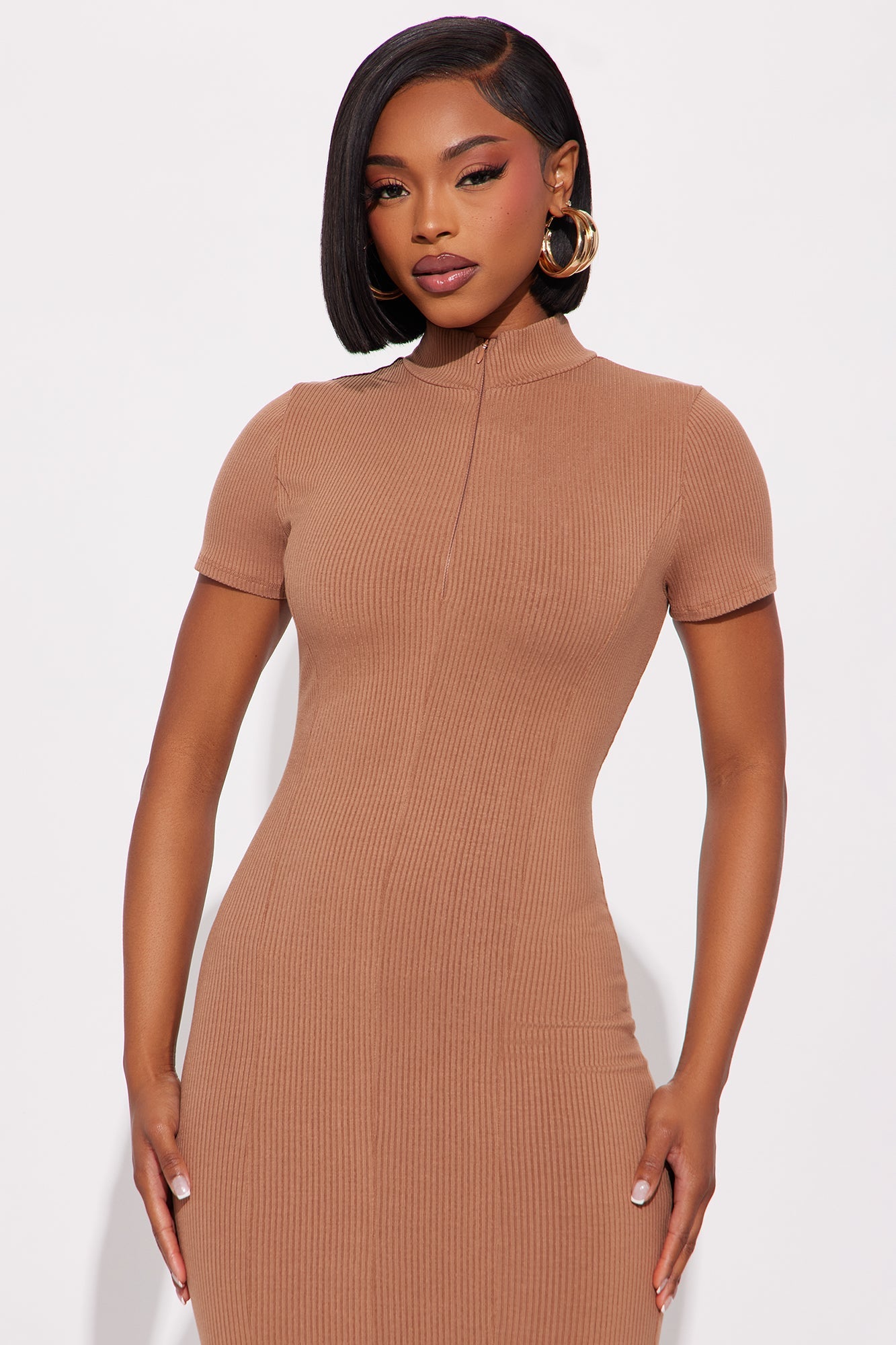 Mia Zip Snatched Midi Dress - Nude