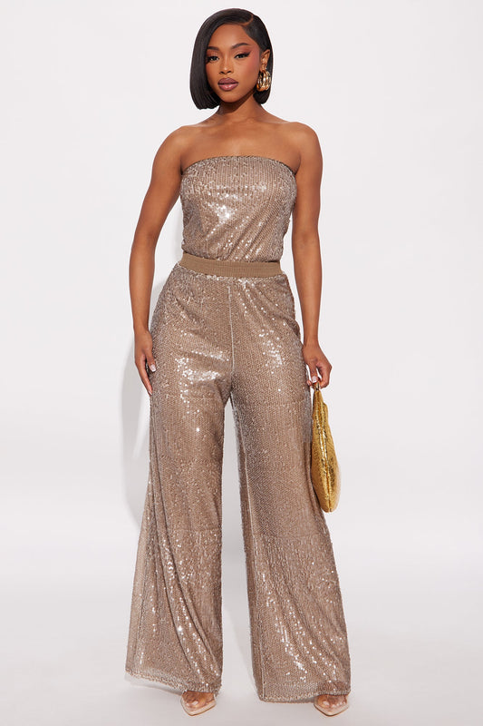 Shiny Nights Sequin Strapless Jumpsuit - Taupe