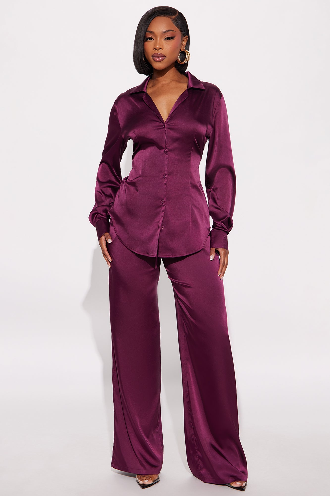 Sienna Fitted Satin Pant Set - Wine