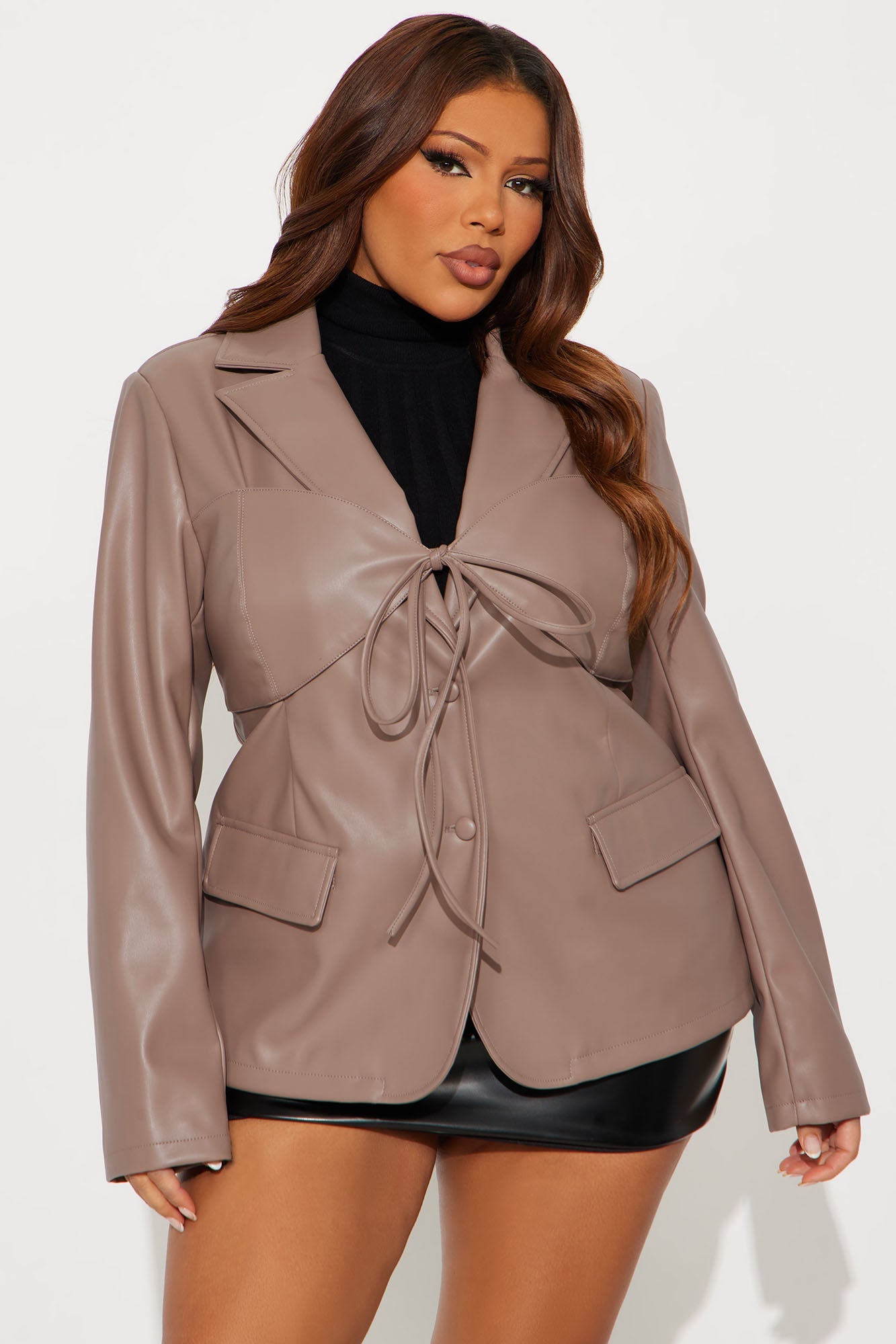 Mixed Emotions Tie Front Faux Leather Blazer - Mocha