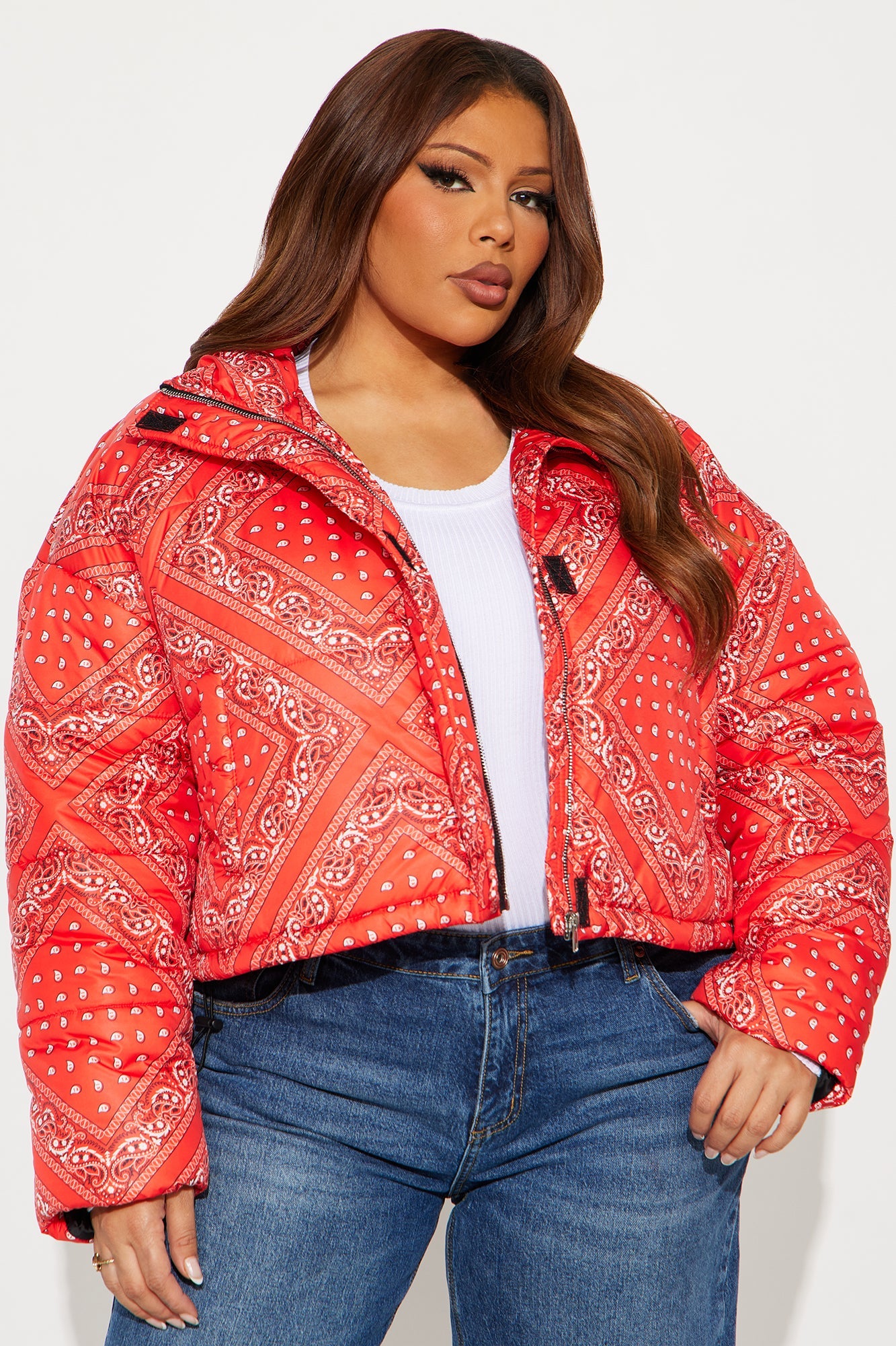 Vibe Check Cropped Paisley Puffer Jacket - Red