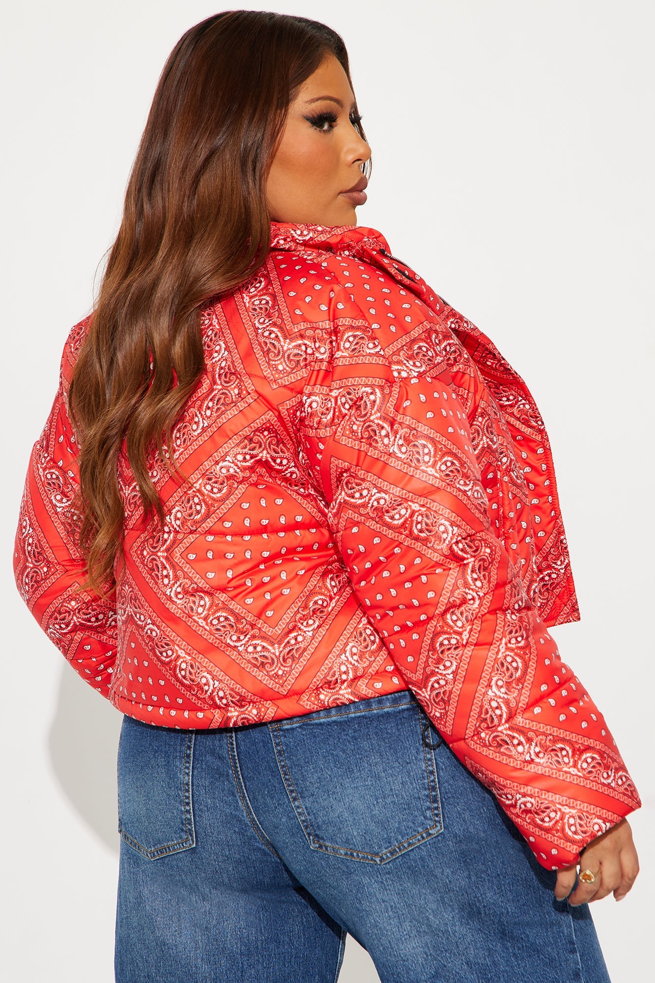 Vibe Check Cropped Paisley Puffer Jacket - Red