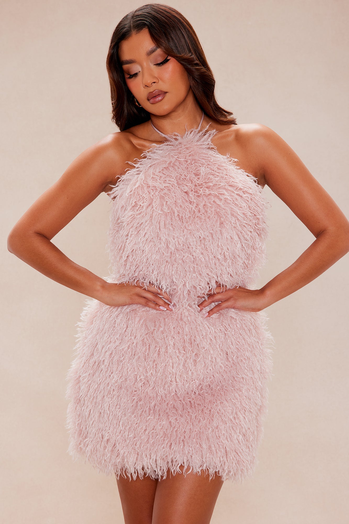 Claire Backless Faux Fur Mini Dress - Blush