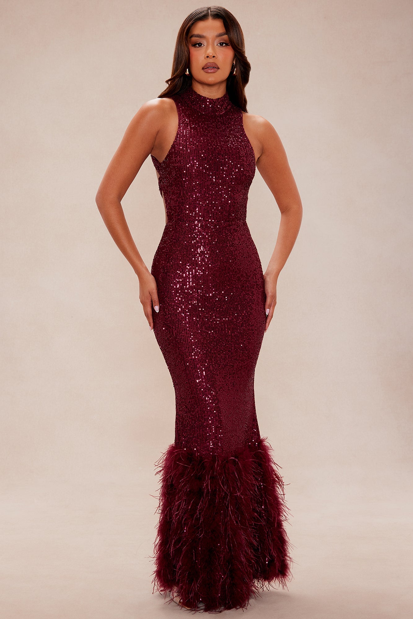 Priscilla Backless Sequin Gown - Burgundy
