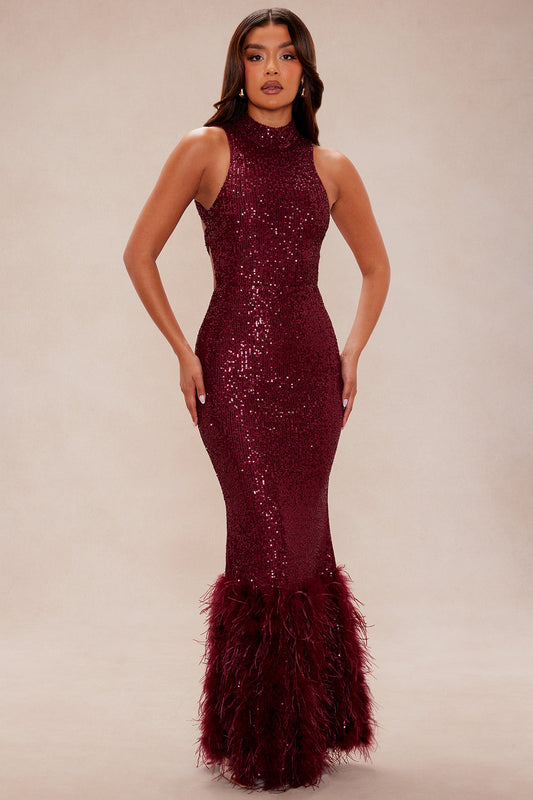 Priscilla Backless Sequin Gown - Burgundy