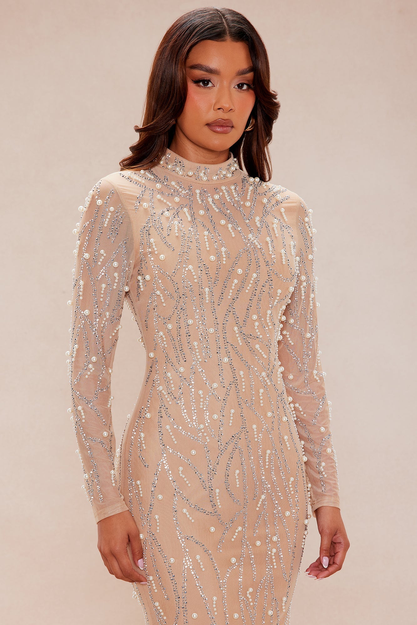 Diamond Mirage Embellished Maxi Dress - Nude