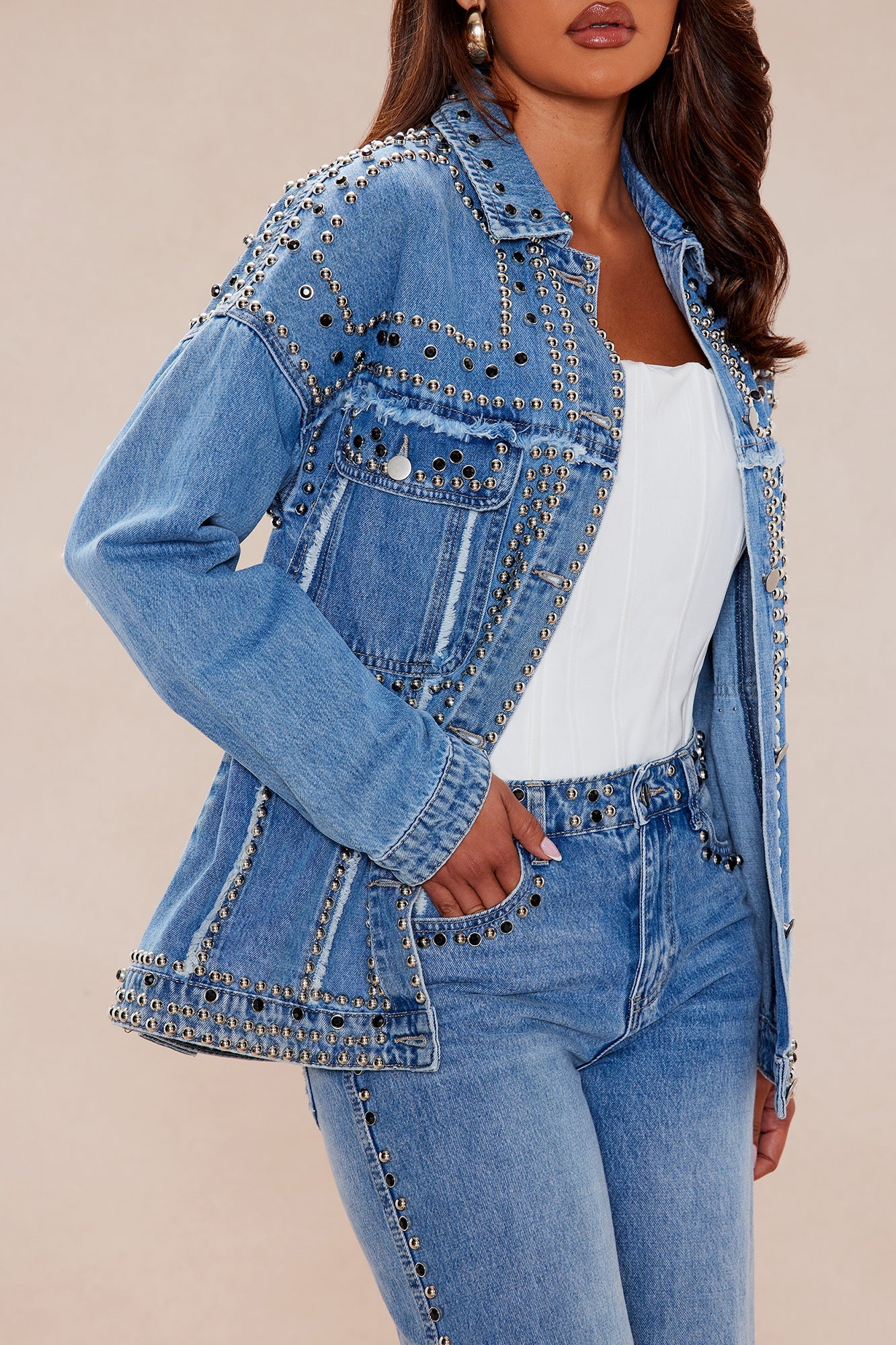 No Competition Studded Denim Pant Set - Denim