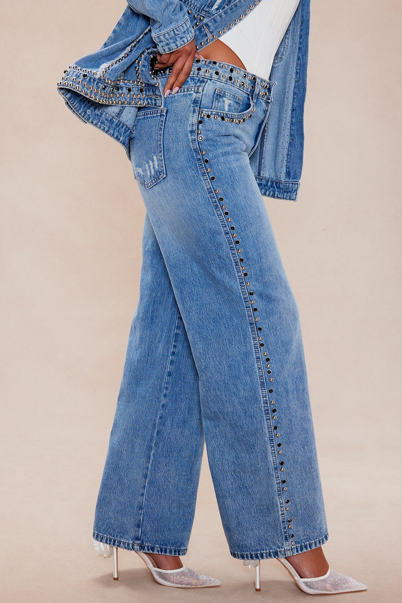 No Competition Studded Denim Pant Set - Denim