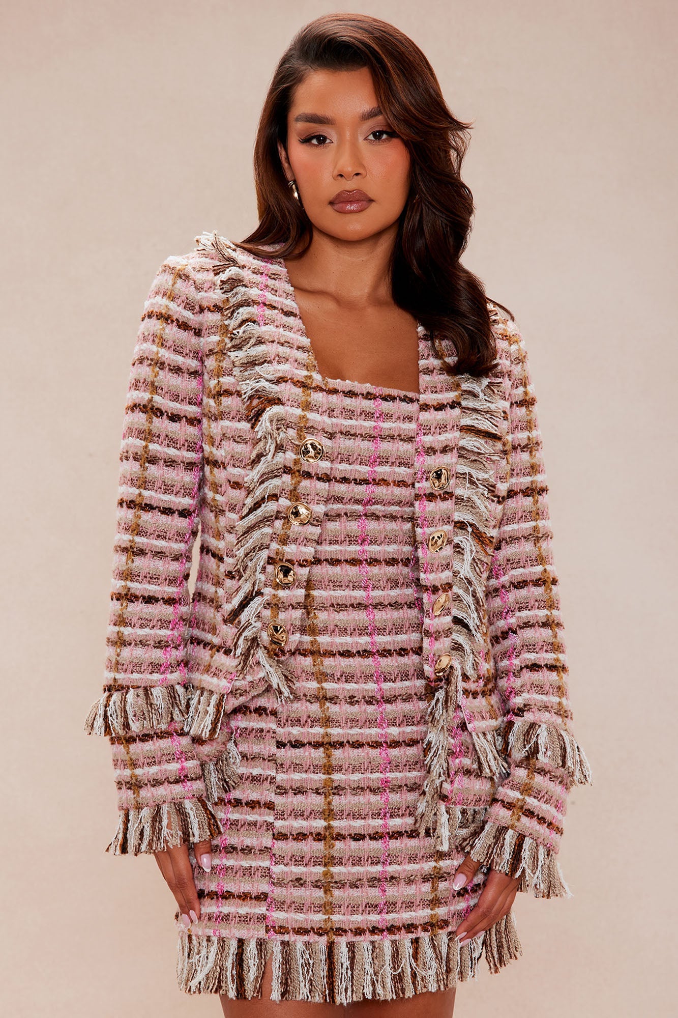 Kelsie Fringe Tweed Jacket - Pink/combo