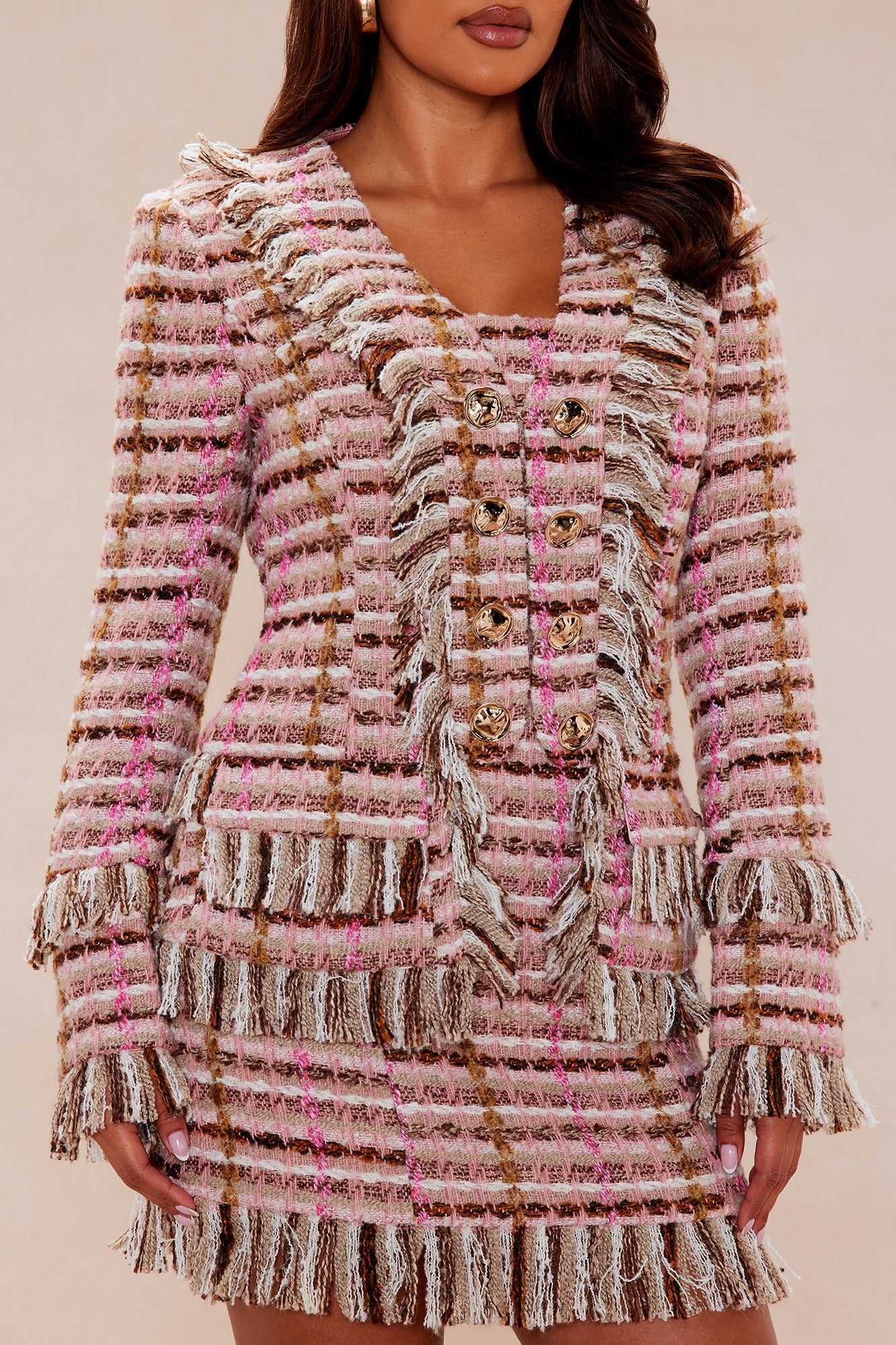 Kelsie Fringe Tweed Jacket - Pink/combo