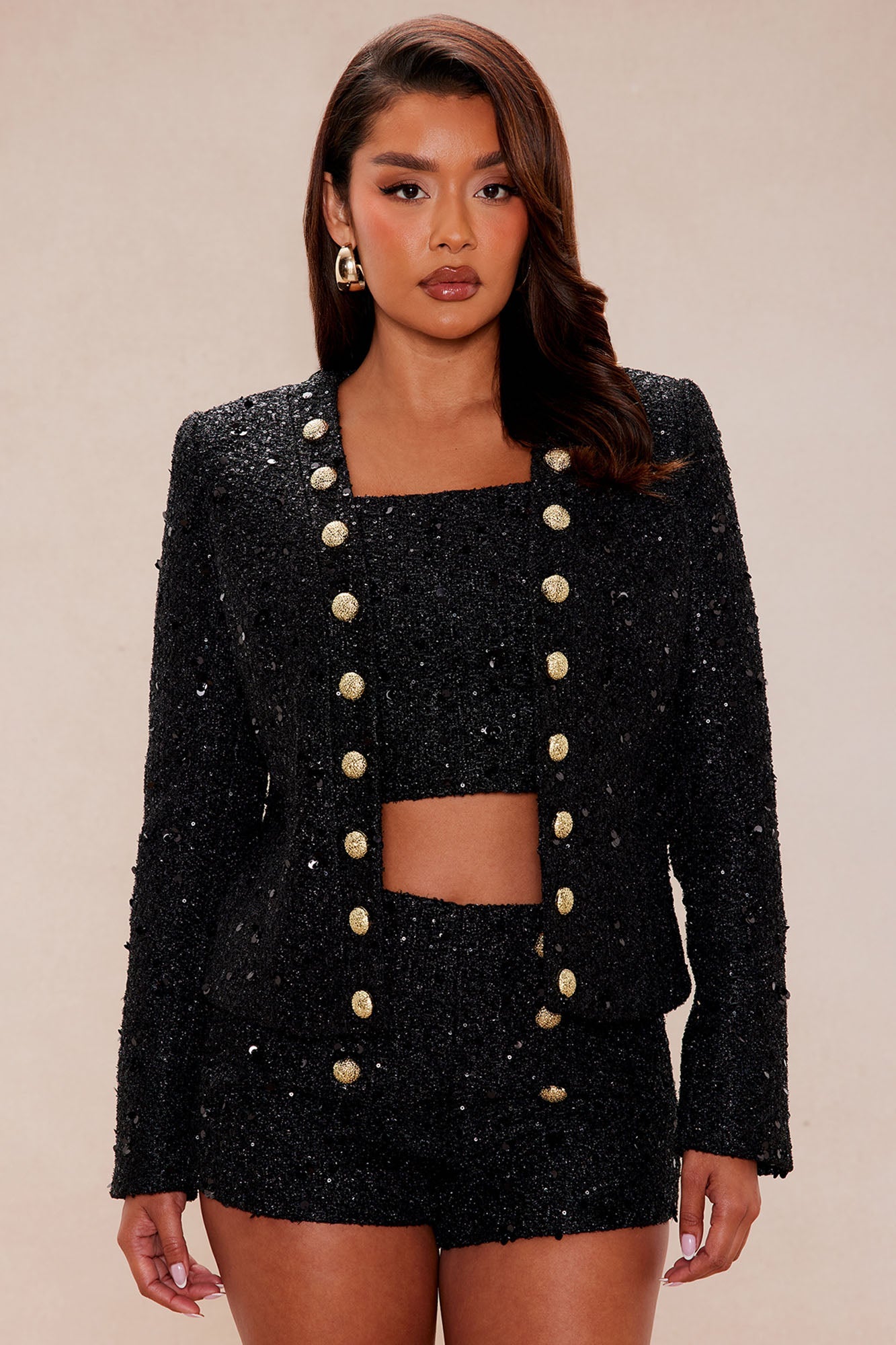 Georgina Embellished Tweed 3 Piece Short Set - Black