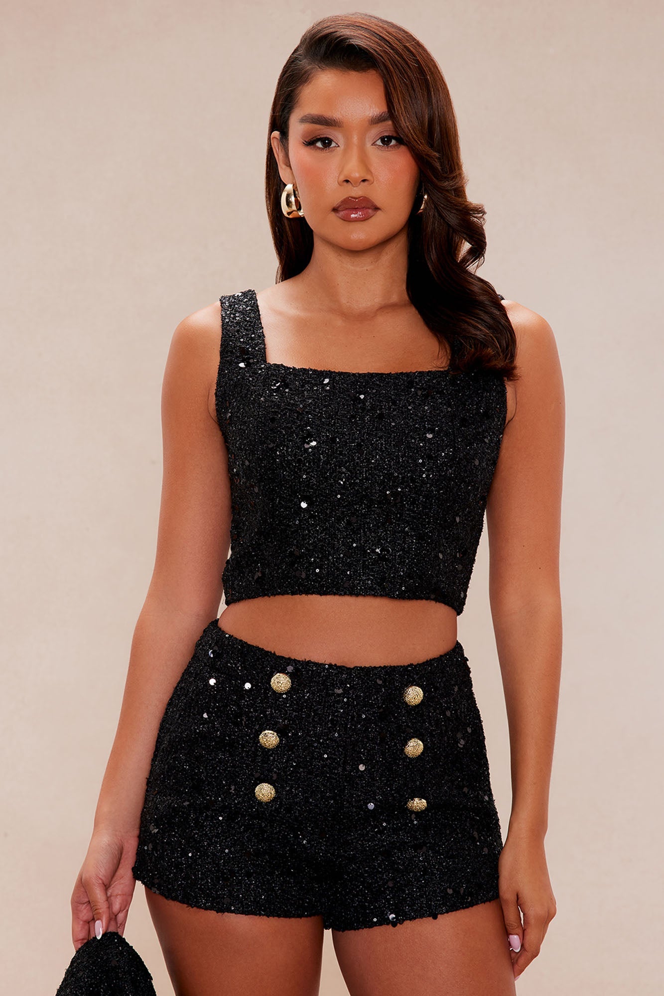 Georgina Embellished Tweed 3 Piece Short Set - Black