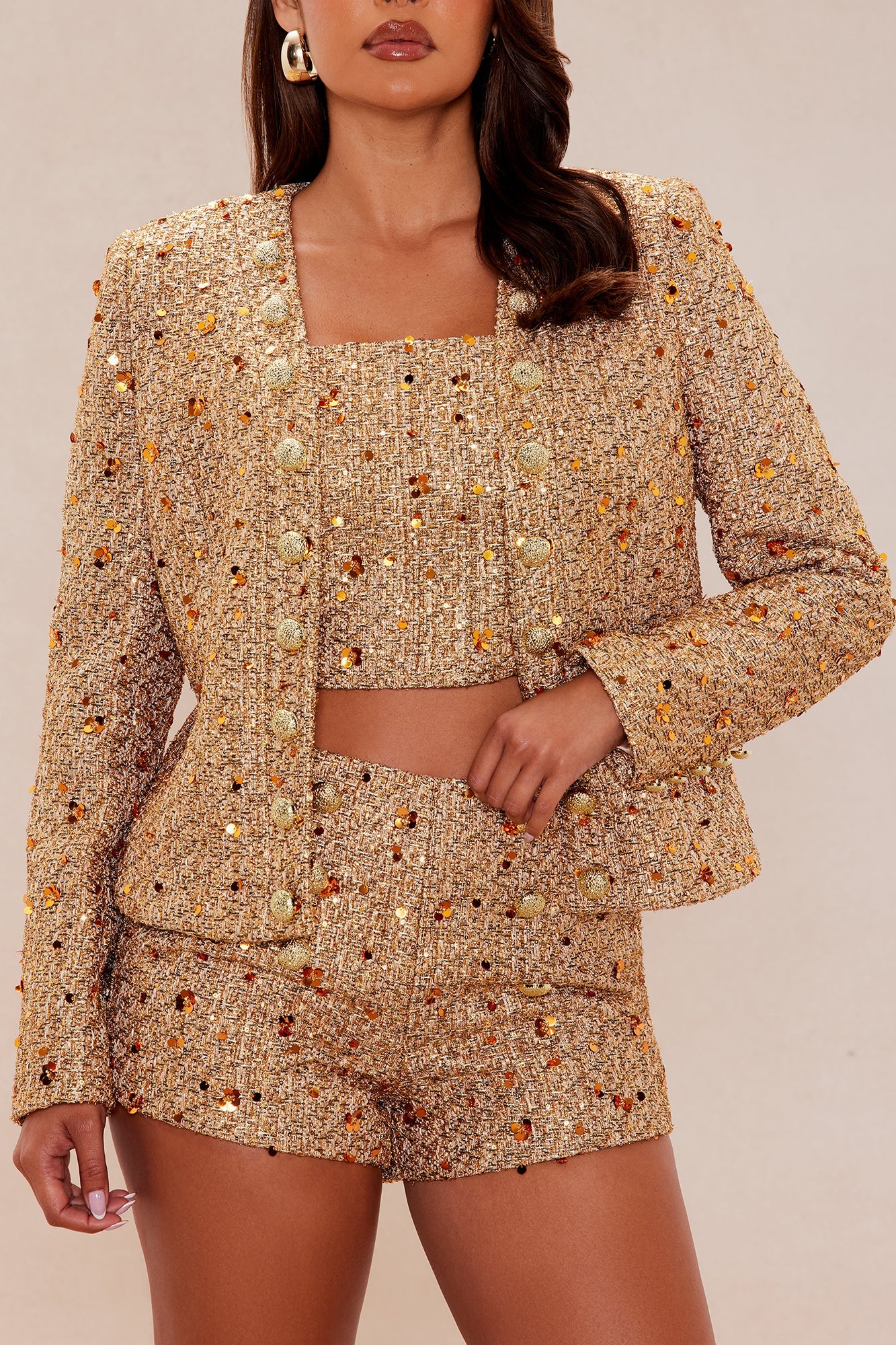 Georgina Embellished Tweed 3 Piece Short Set - Gold