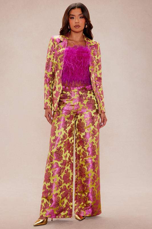 Chelsey Floral Jacquard 3 Piece Pant Set - Green/combo