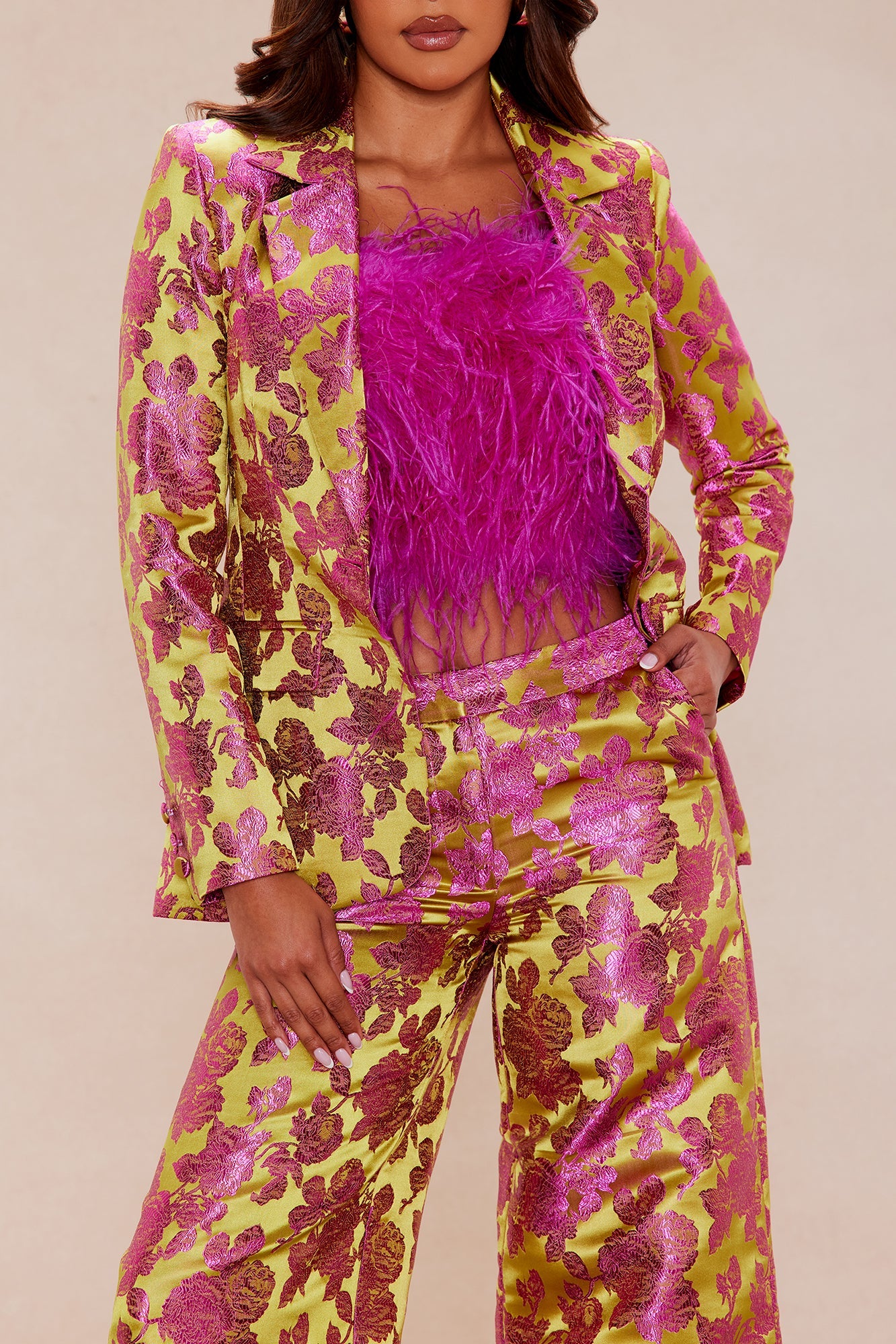 Chelsey Floral Jacquard 3 Piece Pant Set - Green/combo