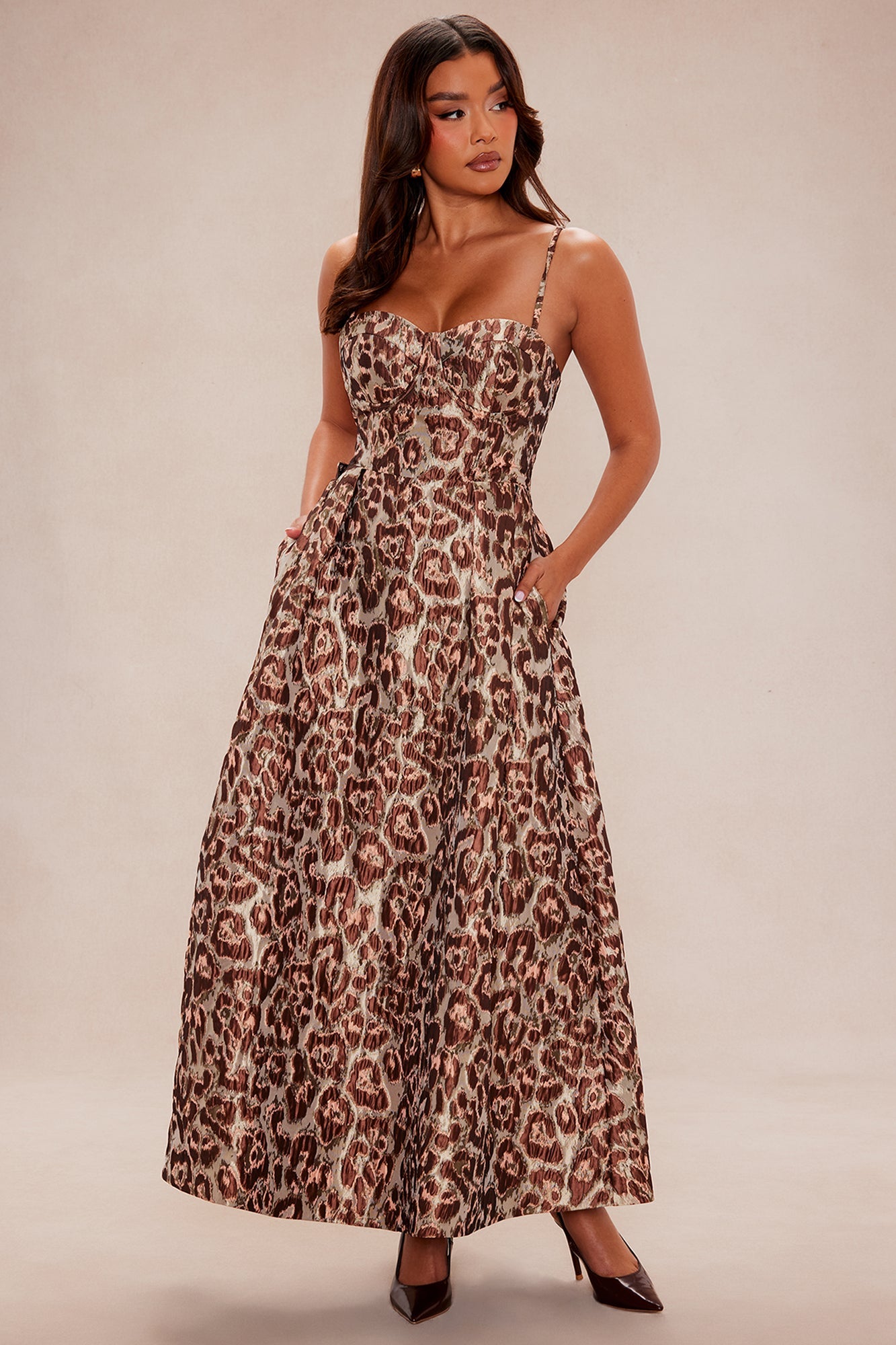 Chelsey Jacquard Midi Dress - Brown