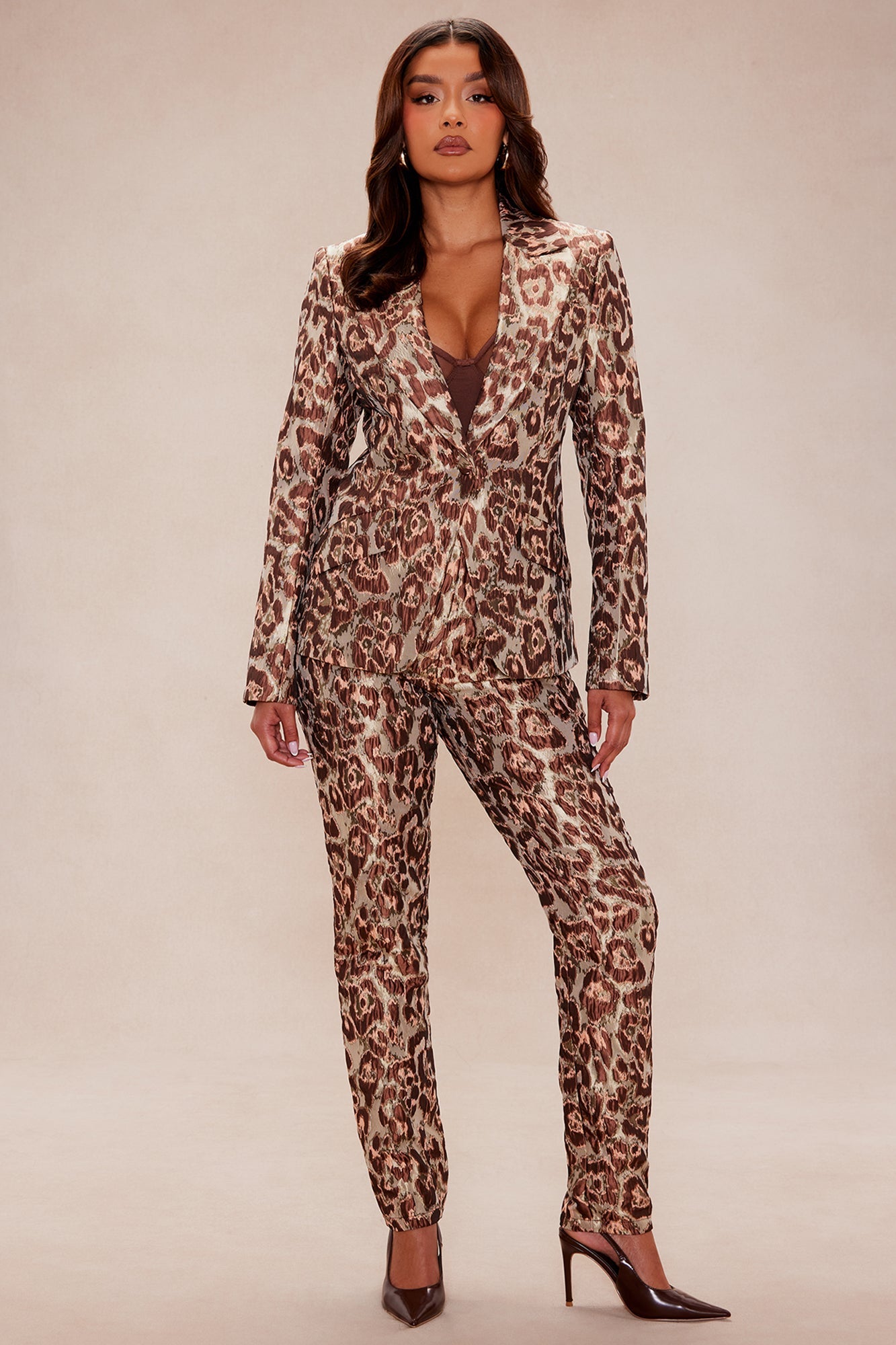 Charlotte Leopard Jacquard Blazer Pant Set - Brown
