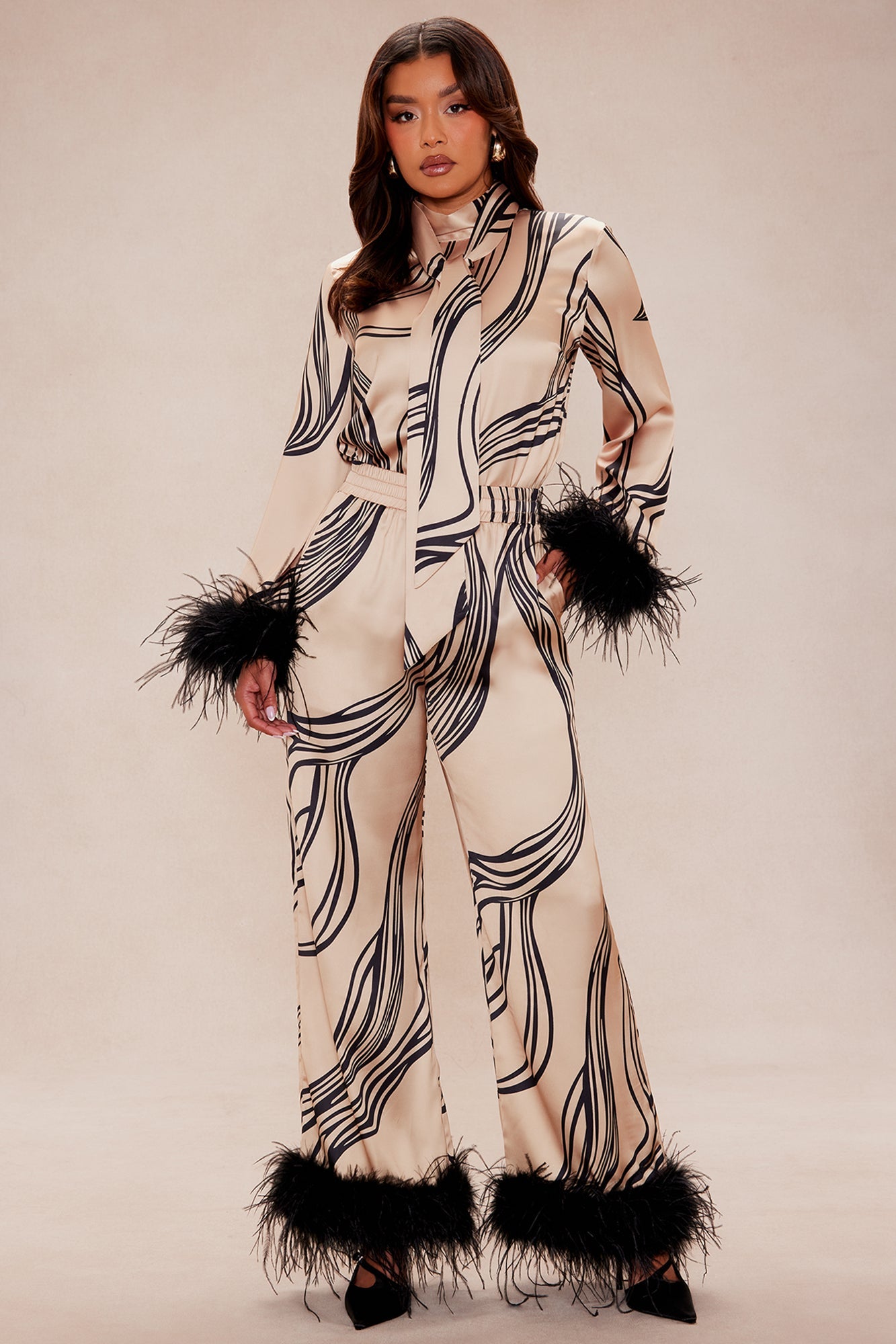 Daphne Fur Satin Pant Set - Taupe/combo