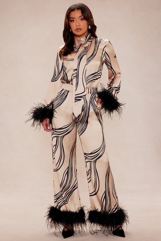 Daphne Fur Satin Pant Set - Taupe/combo