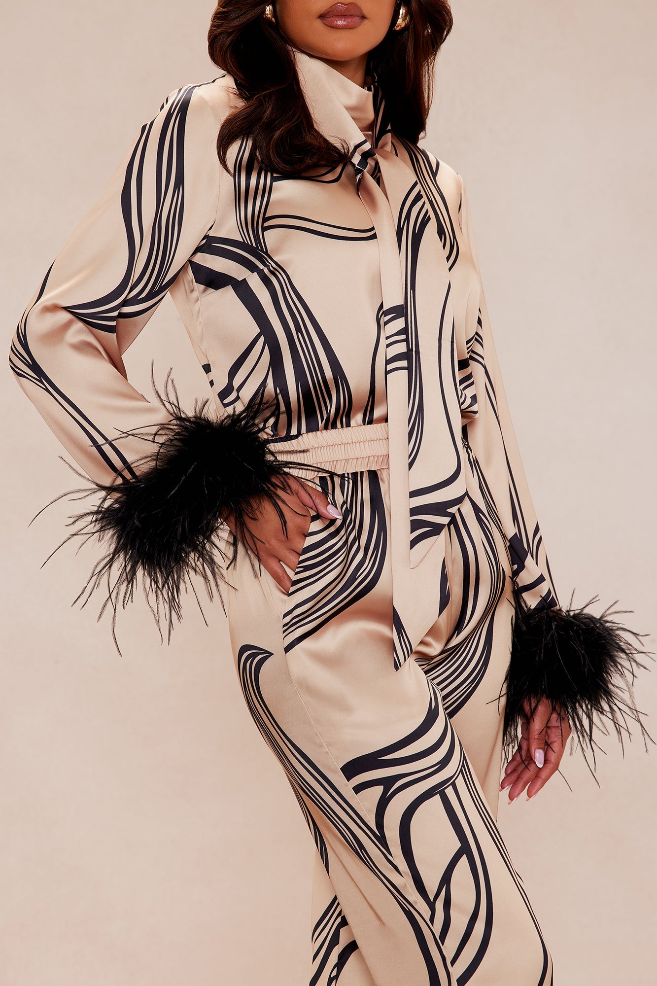 Daphne Fur Satin Pant Set - Taupe/combo