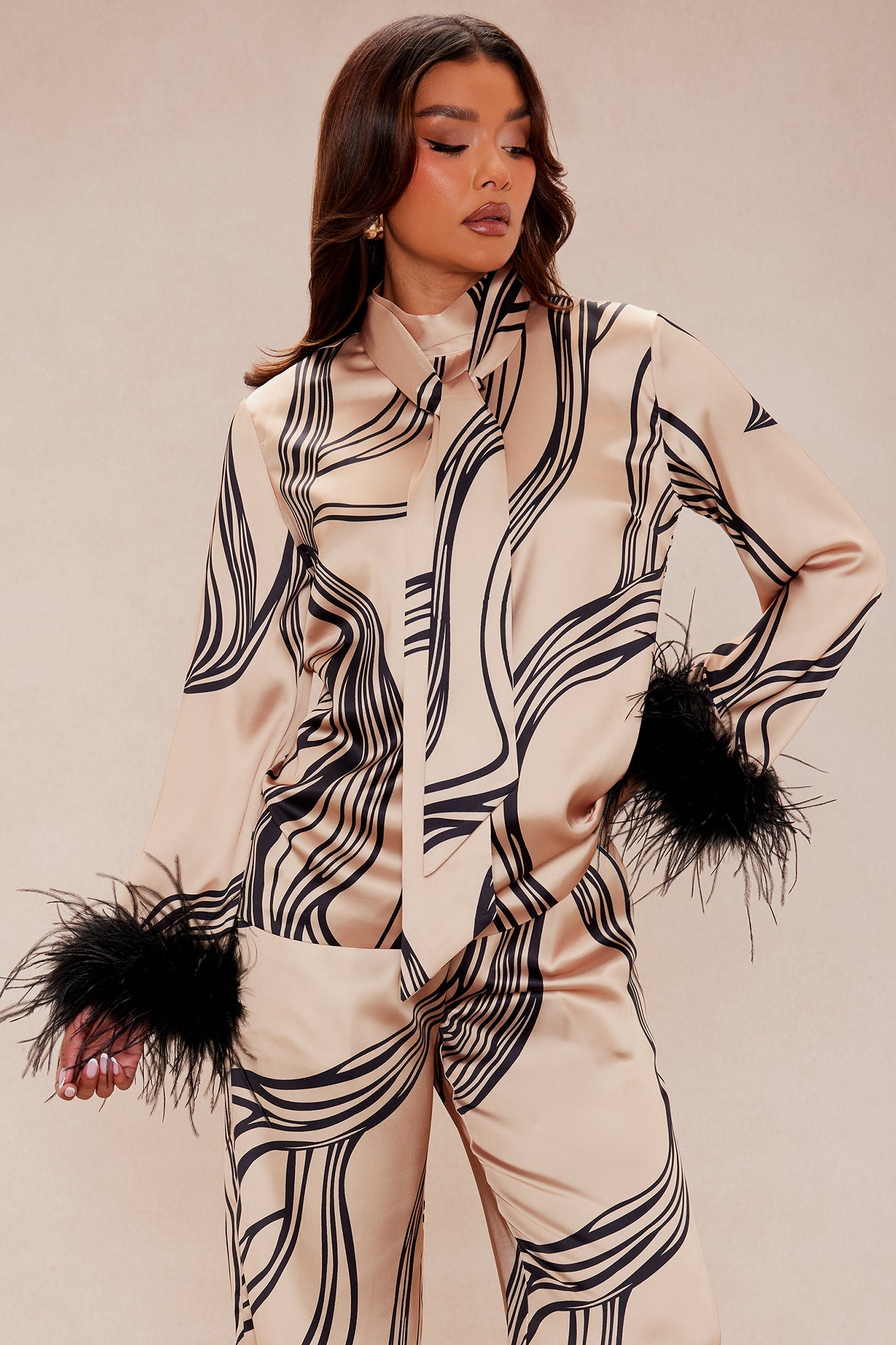 Daphne Fur Satin Pant Set - Taupe/combo