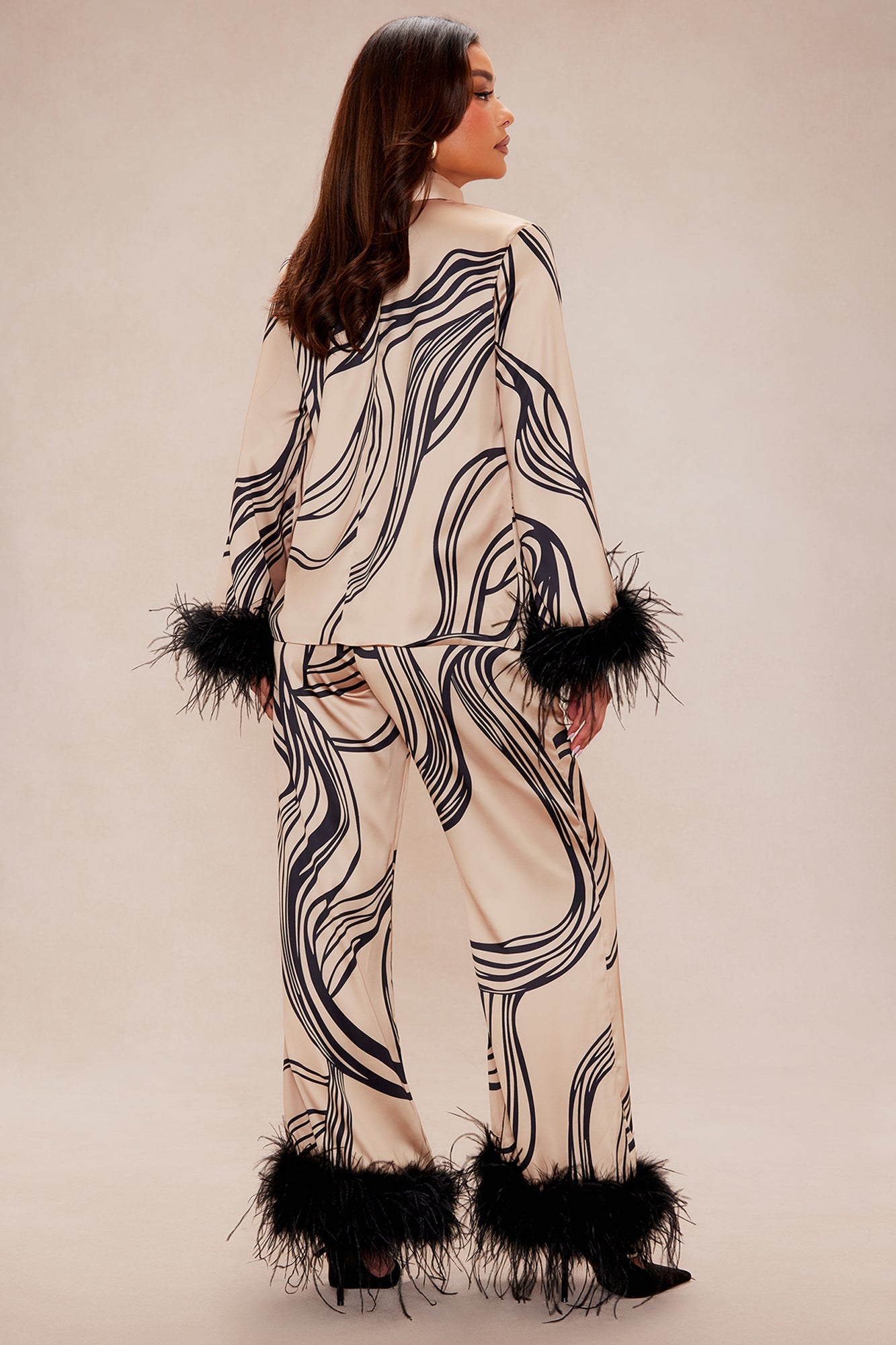 Daphne Fur Satin Pant Set - Taupe/combo