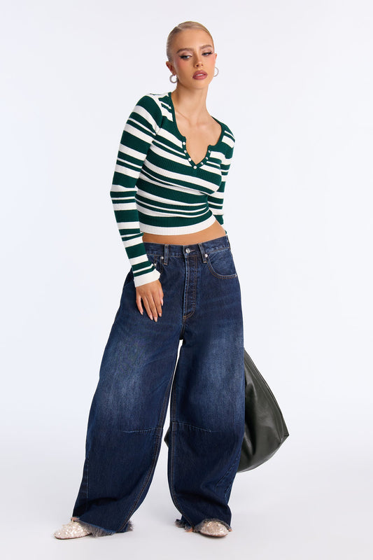 Laurita Henley Striped Sweater Top - Green/combo