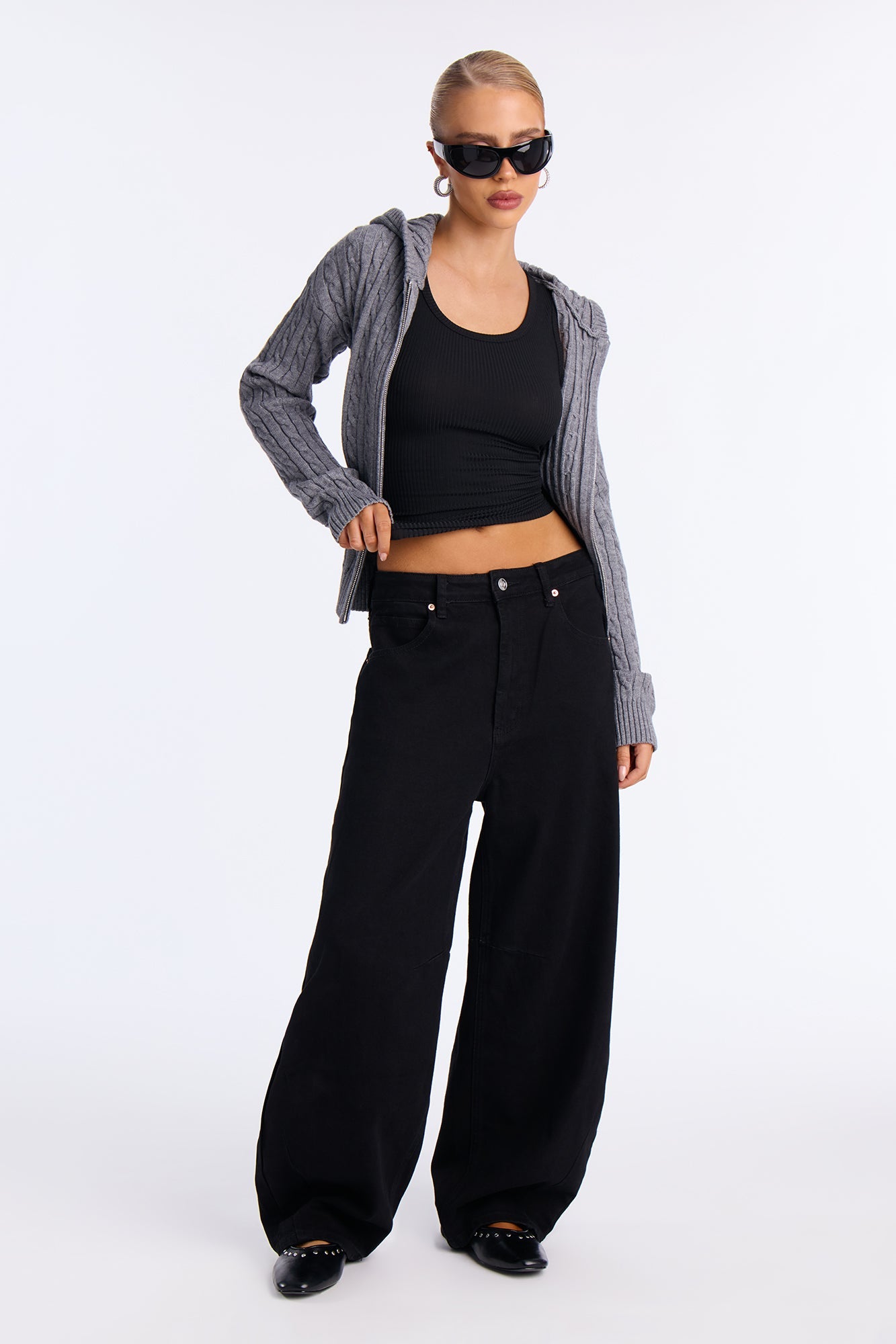 Leina Cable Knit Hooded Cardigan - Heather Grey