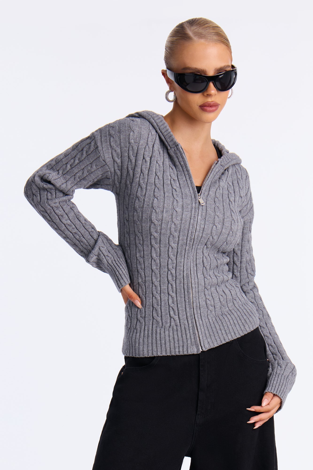 Leina Cable Knit Hooded Cardigan - Heather Grey