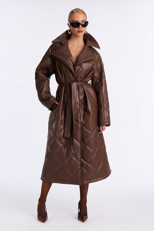 Fabiola Quilted Faux Leather Trench Coat - Brown