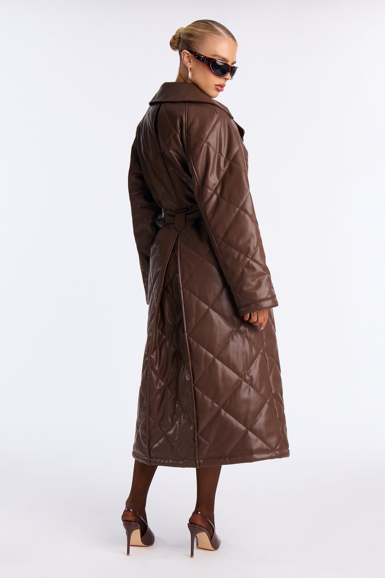 Fabiola Quilted Faux Leather Trench Coat - Brown